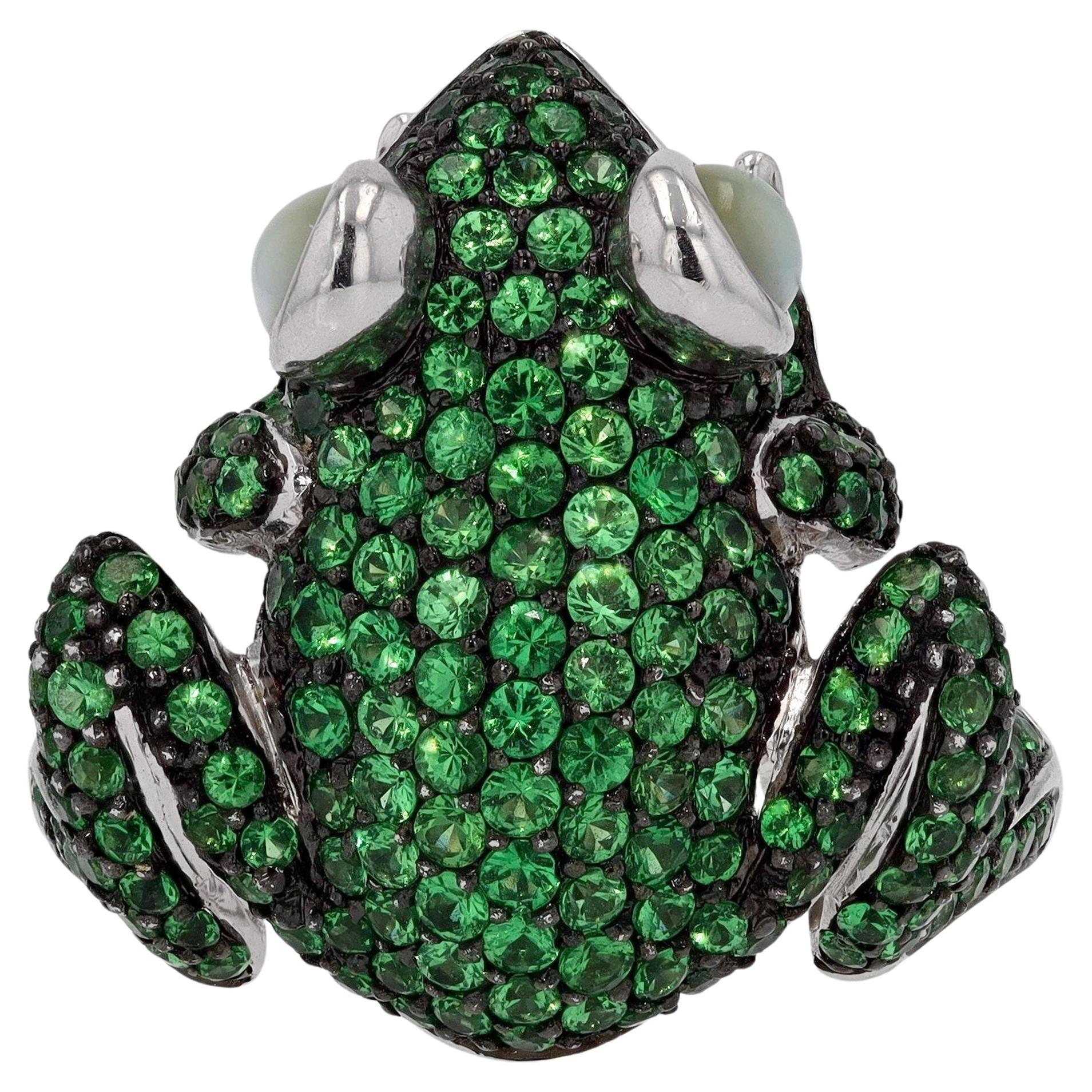 Gleaming Green Tsavorite and Cat's Eye Frog Ring For Sale