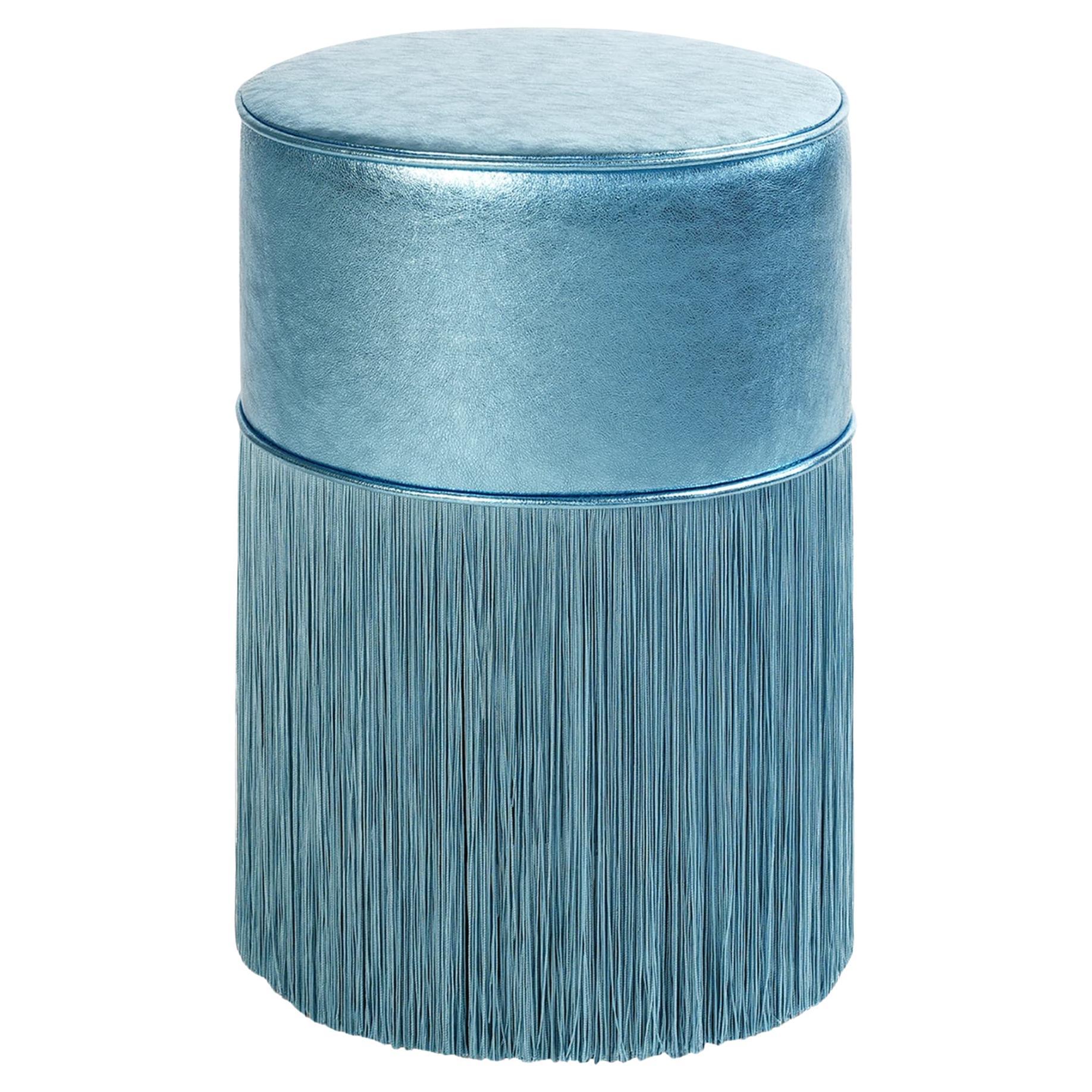 Gleaming Light Blue Metallic Leather Pouf by Lorenza Bozzoli For Sale