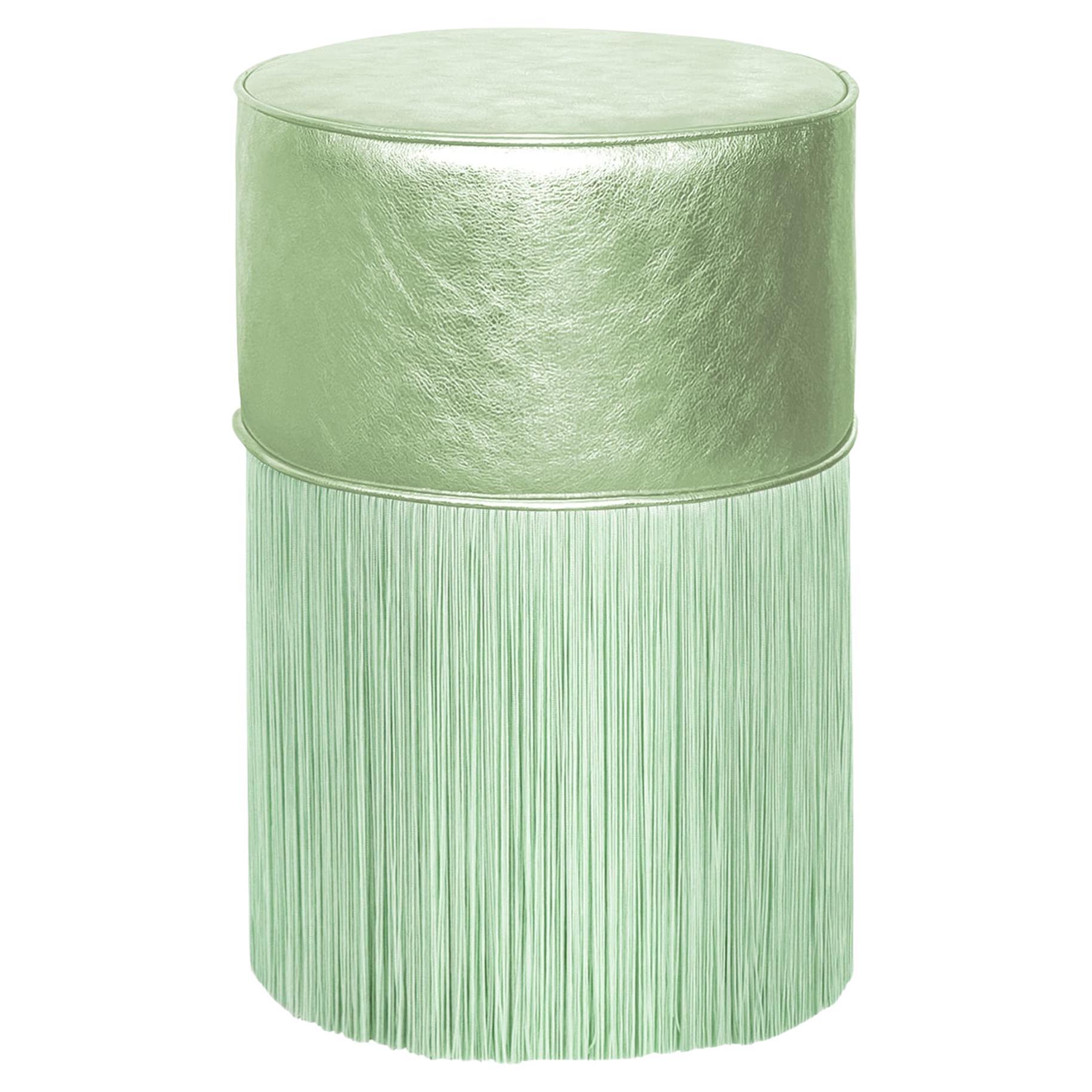 Gleaming Light Green Metallic Leather Pouf by Lorenza Bozzoli For Sale