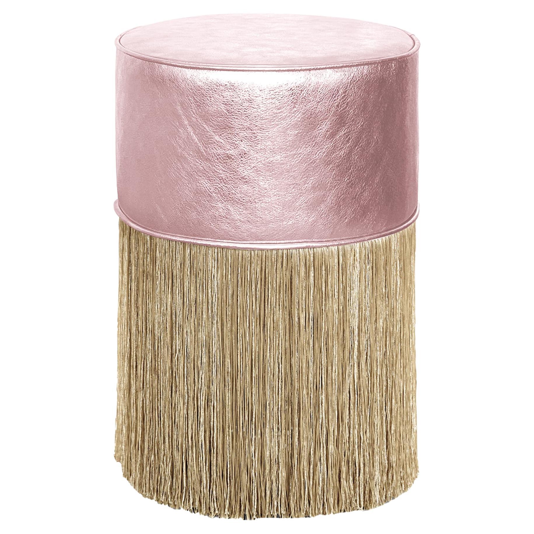 Gleaming Pink Leather Gold Fringes Pouf by Lorenza Bozzoli For Sale