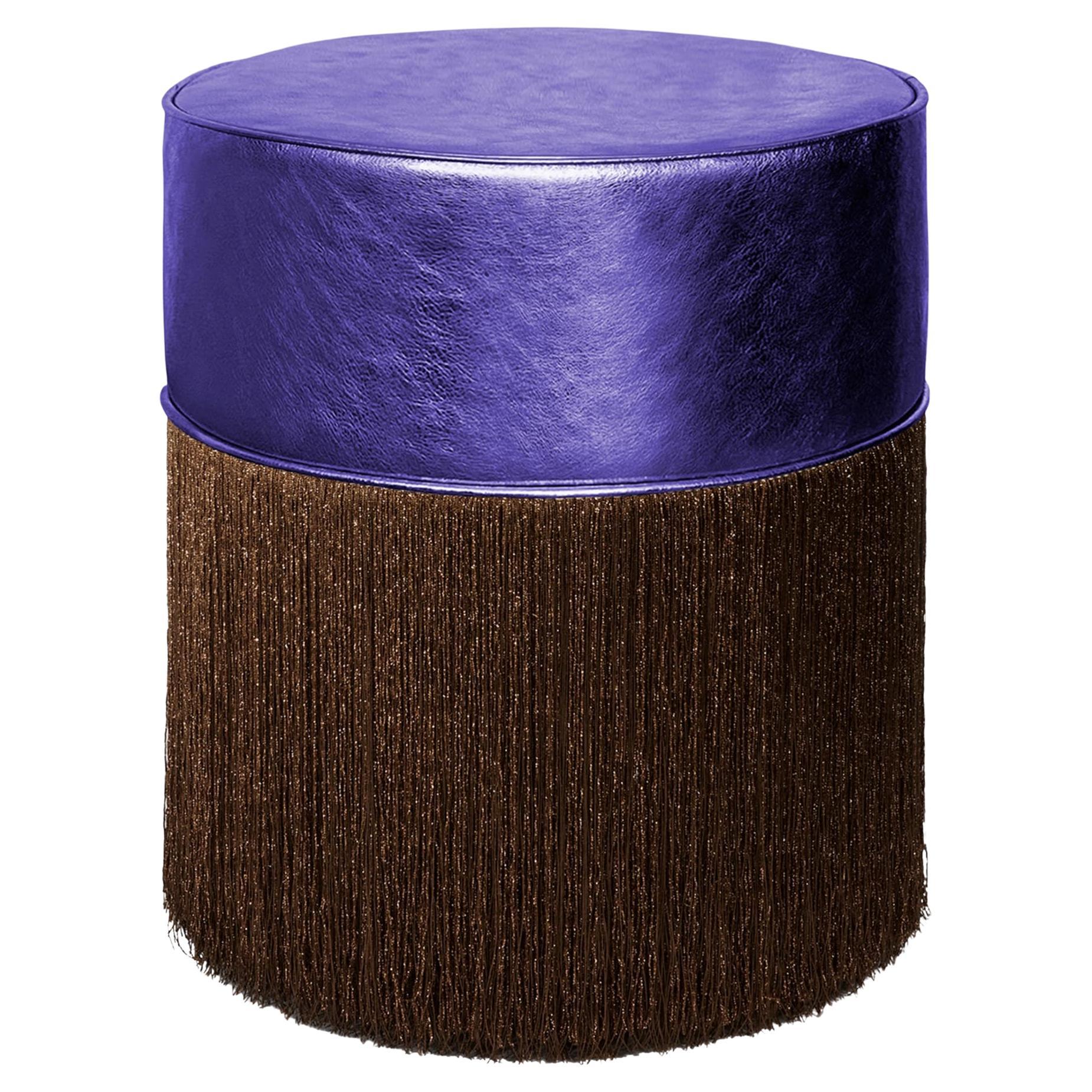 Gleaming Purple Leather Brown Fringes Pouf by Lorenza Bozzoli For Sale