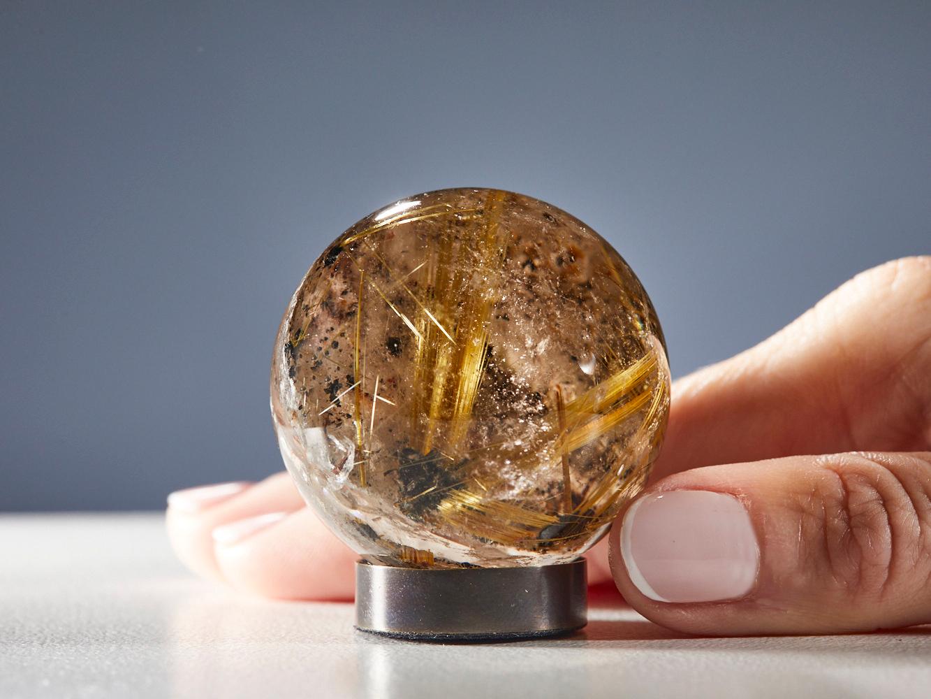 Gleaming Quartz Sphere with Golden Rutile In Excellent Condition For Sale In London, GB