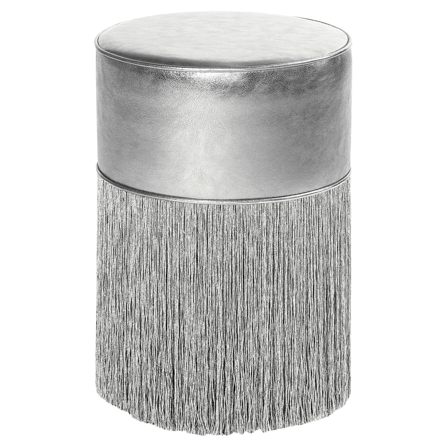 Gleaming Silver Metallic Leather Pouf by Lorenza Bozzoli For Sale