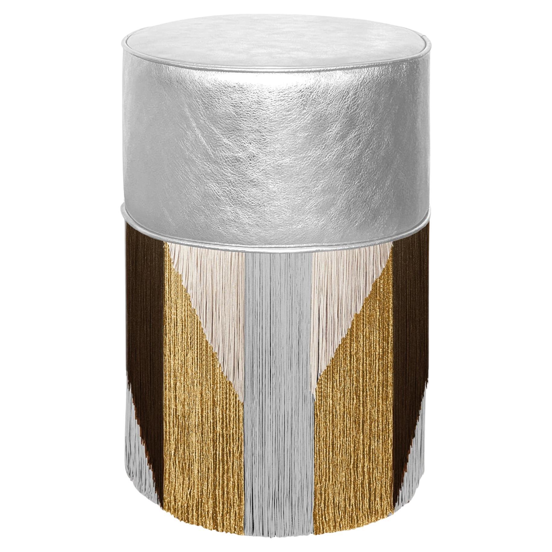 Gleaming Tribe Silver Metallic Leather Pouf by Lorenza Bozzoli For Sale