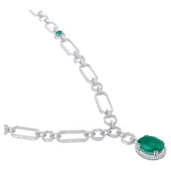 Gleamire 12 Carat Certified Natural Diamond Green Emerald 14k White Gold Necklac