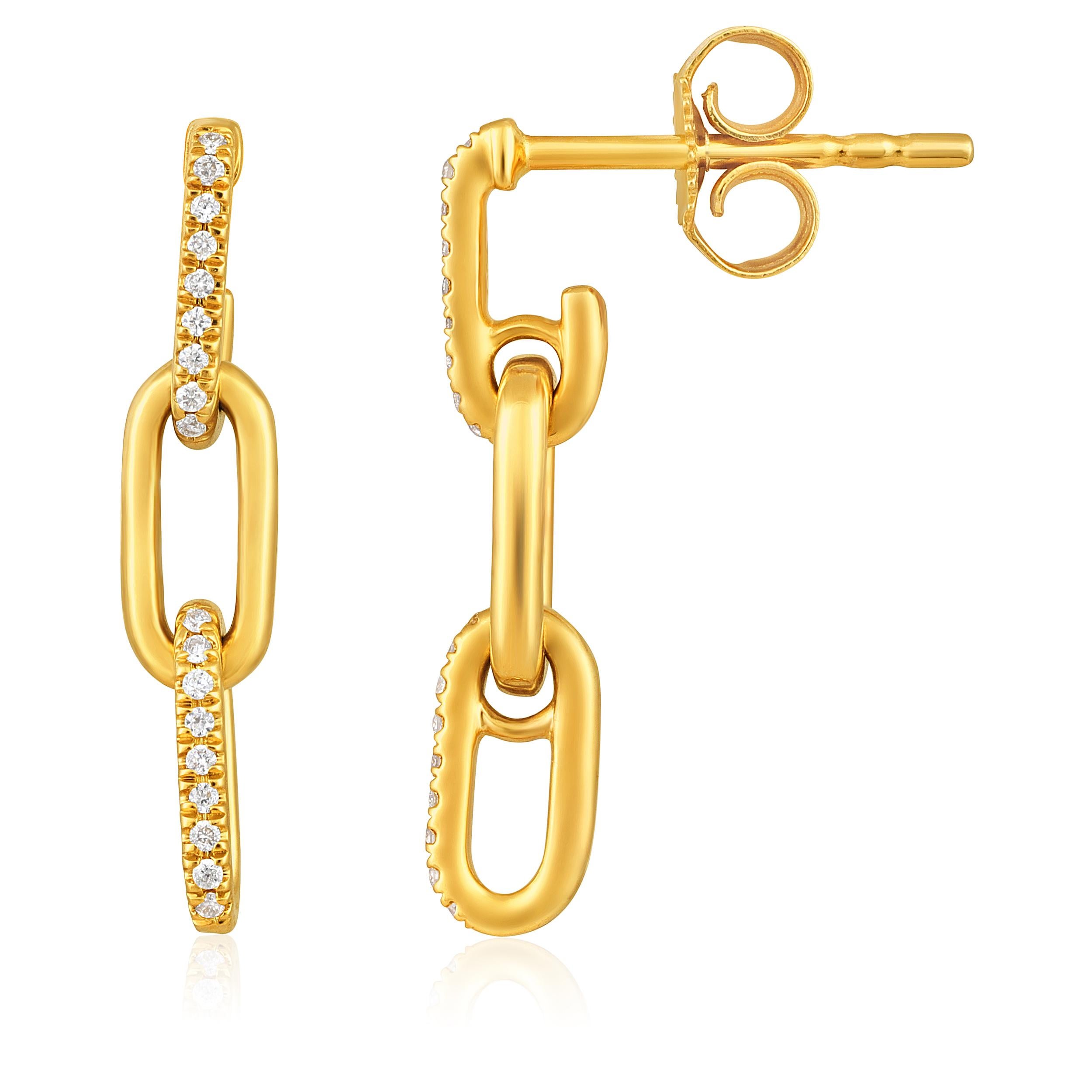 Crafted in 1.65 grams of 14K Yellow Gold, the earrings contain 36 stones of Round Natural Diamonds with a total of 0.07 carat in E-F color and SI clarity.

CONTEMPORARY AND TIMELESS ESSENCE: Crafted in 14-karat/18-karat with 100% natural diamond and