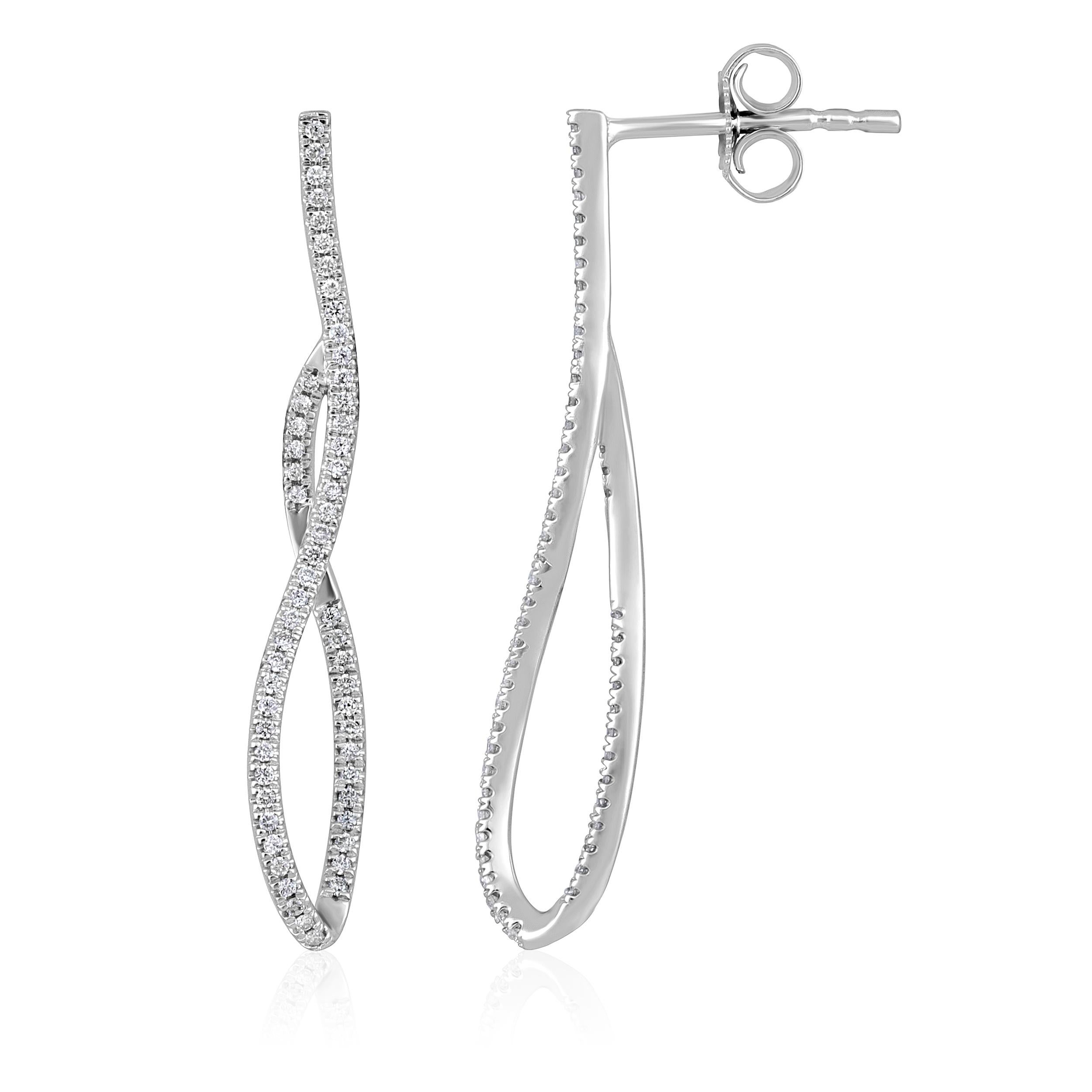 Crafted in 2.08 grams of 14K White Gold, the earrings contain 114 stones of Round Natural Diamonds with a total of 0.19 carat in F-G color and SI clarity.

CONTEMPORARY AND TIMELESS ESSENCE: Crafted in 14-karat/18-karat with 100% natural diamond and