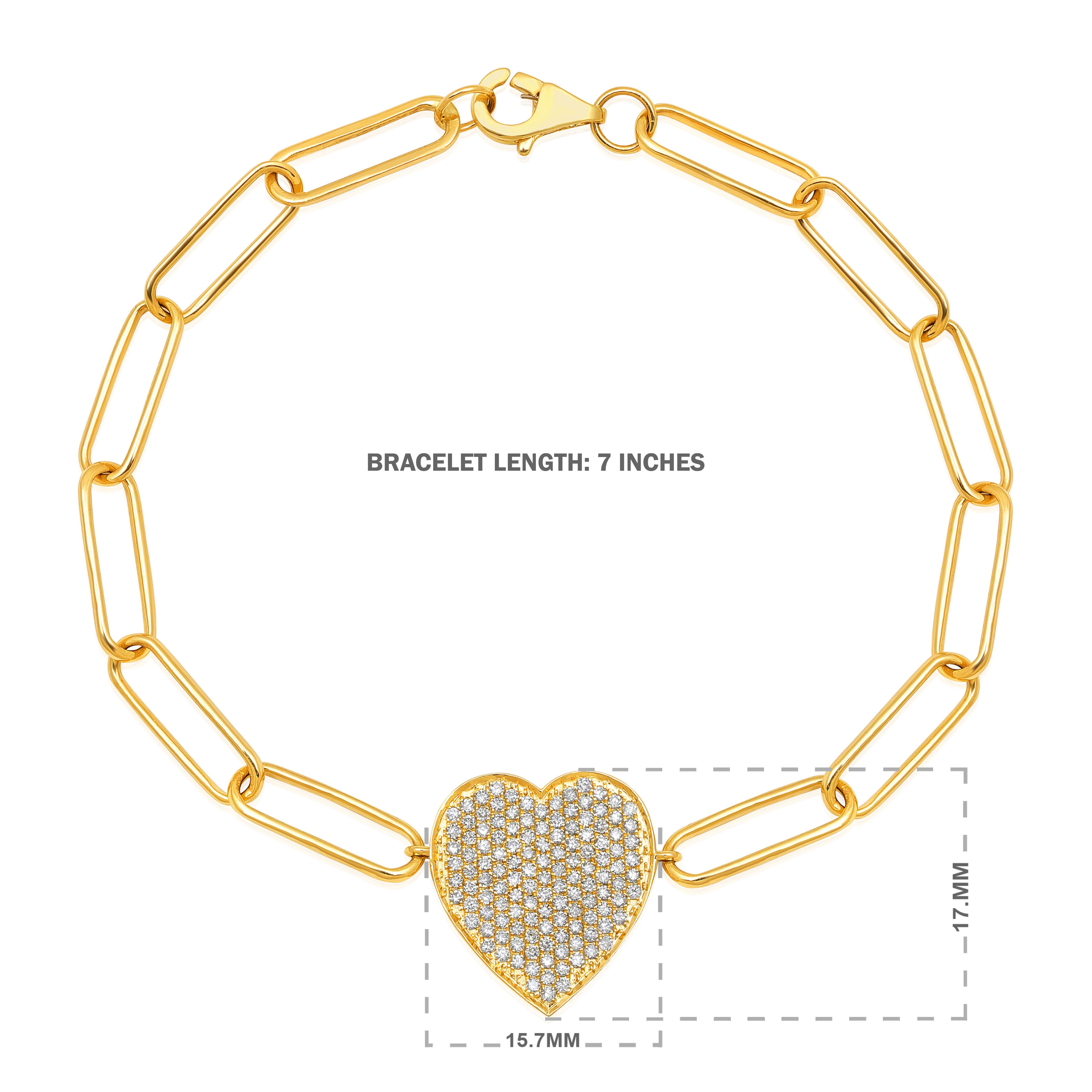 Brilliant Cut GLEAMIRE 14K Gold 0.6ct Natural Diamond E-SI  Heart Paperclip Link Bracelet For Sale