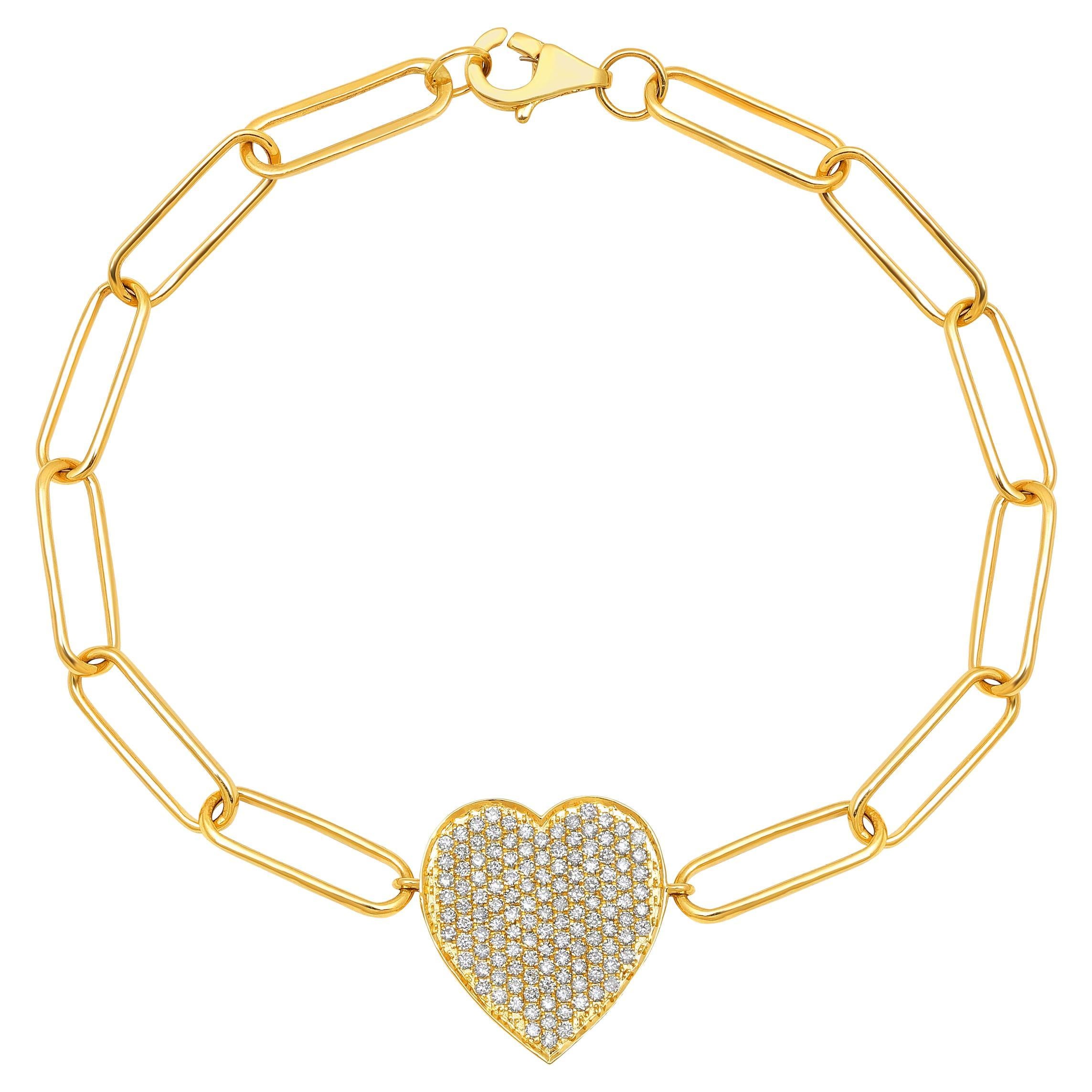 GLEAMIRE 14K Gold 0.6ct Natural Diamond E-SI  Heart Paperclip Link Bracelet For Sale