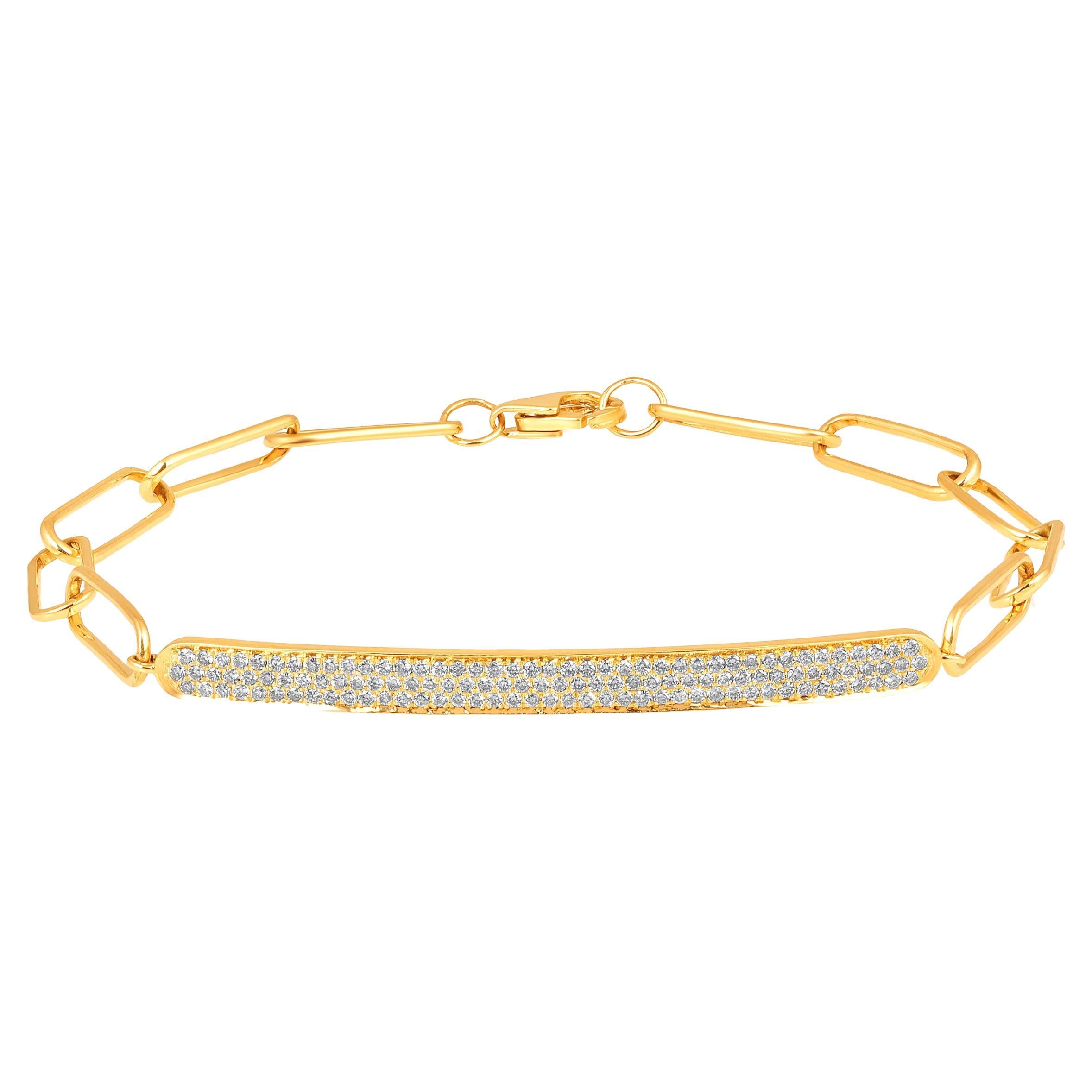 GLEAMIRE 14K Gold 0.6ct Natural Diamond E-SI Paperclip Link Bar Bracelet For Sale