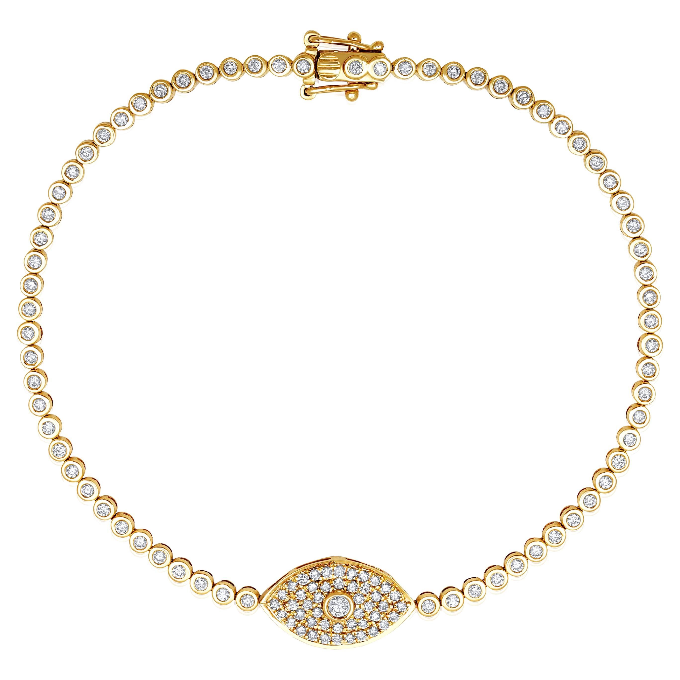 GLEAMIRE 14K Gold 1ct Natural Diamond E-SI Evil Eye Bead Tennis Bracelet For Sale