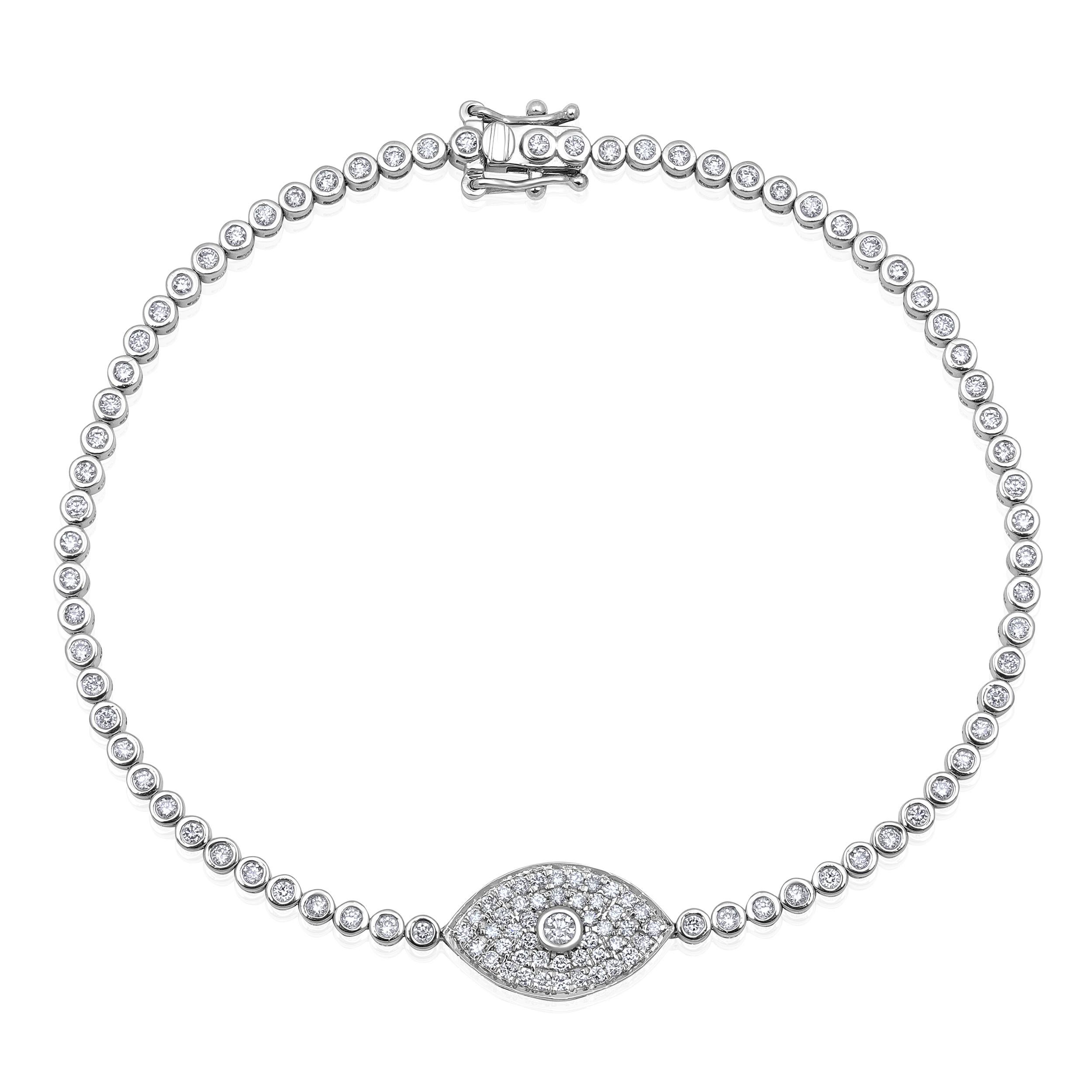 GLEAMIRE 14K Gold 1ct Natural Diamond F-SI Evil Eye Bead Tennis Bracelet For Sale