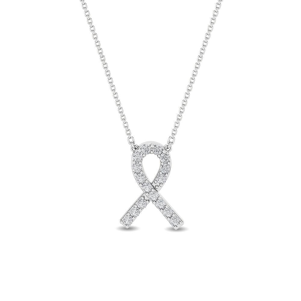 Contemporary Gleamire 14k Gold Natural Diamond VS-SI White Awareness Support Ribbon Necklace For Sale