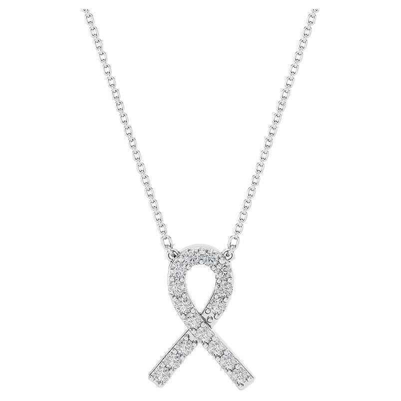 Gleamire 14k Gold Natural Diamond VS-SI White Awareness Support Ribbon Necklace For Sale