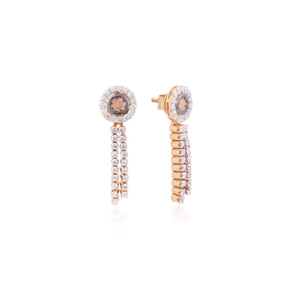 Crafted in 8.74 grams of 18-karat Yellow Gold, The Onanza Drop Earrings contains 68 Stones of Round Diamonds with a total of 1.85-Carats in F-G Color and VVS-VS Clarity.

CONTEMPORARY AND TIMELESS ESSENCE: Crafted in 14-karat/18-karat with 100%