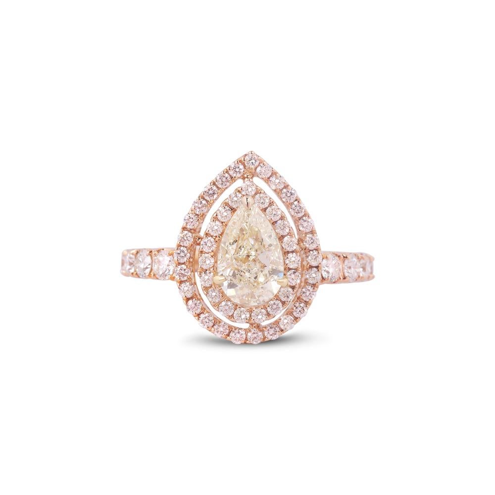 Crafted in 3.50 grams of 18-karat Rose Gold, The Bucoli Ring contains 60 Stones of Round Diamonds with a total of 0.86-Carats in F-G Color and VVS-VS Clarity combined 1 Stone of Pear Diamond with a total of 1.03-Carats in S-T Color and SI1
