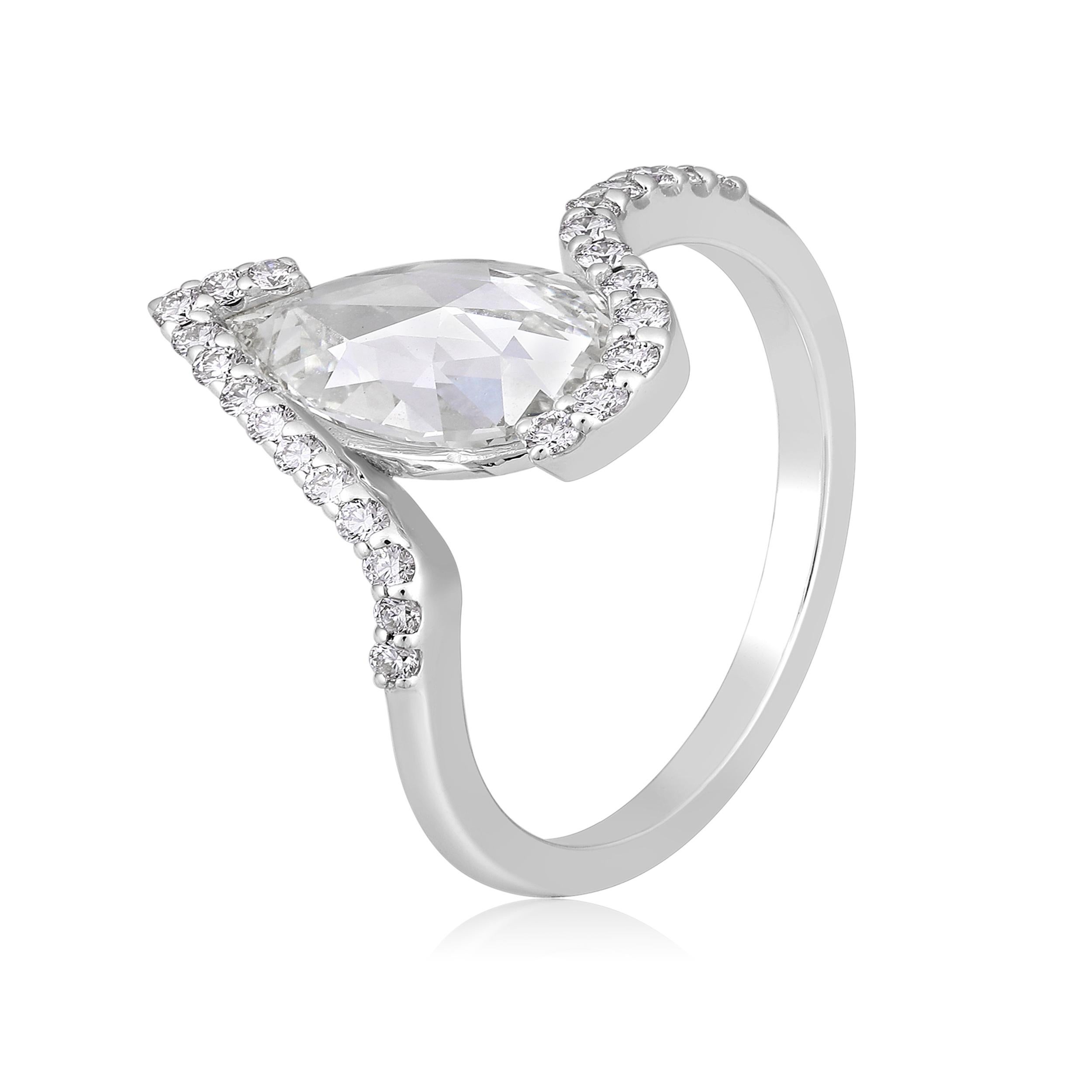 Crafted in 2.52 grams of 18K White Gold, the ring contains 25 stone of Round Lab Created Diamond with a total of 0.2 carat in D-F color and VVS-VS clarity combined with 1 stones of Rose Cut Pear Side Lab Created Diamonds with a total of 1.21 carat