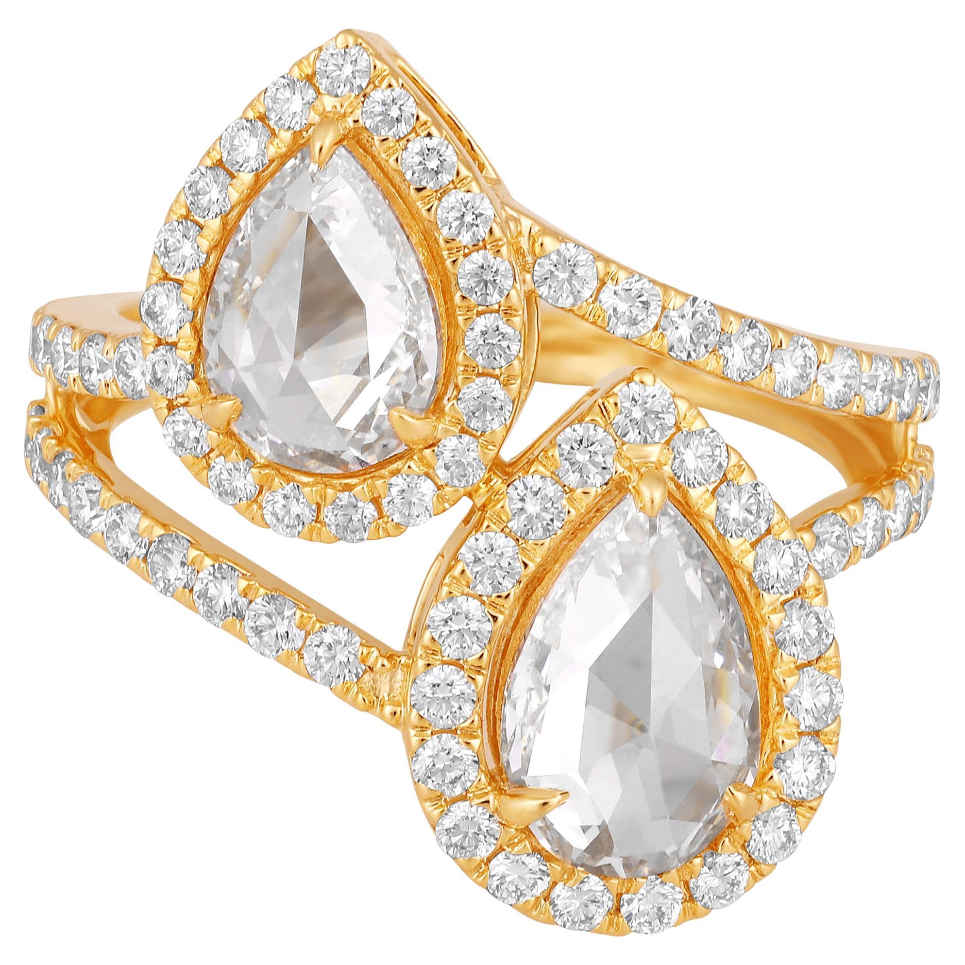 GLEAMIRE Bague torsadée en or 18 carats 2.7ct Lab Created Diamond D-VVS Rose-Cut 2 Pear Twist