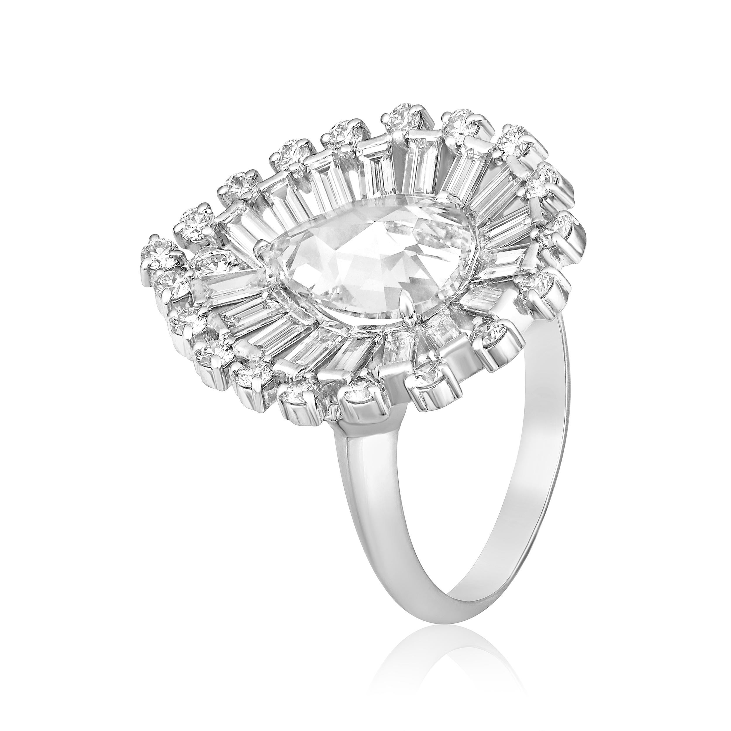 Crafted in 5.12 grams of 18K White Gold, the ring contains 20 stone of Round Lab Created Diamond with a total of 0.43 carat in D-F color and VVS-VS clarity, combined with 1 stones of Rose Cut Pear Lab Created Diamond with a total of 1.71 carat in