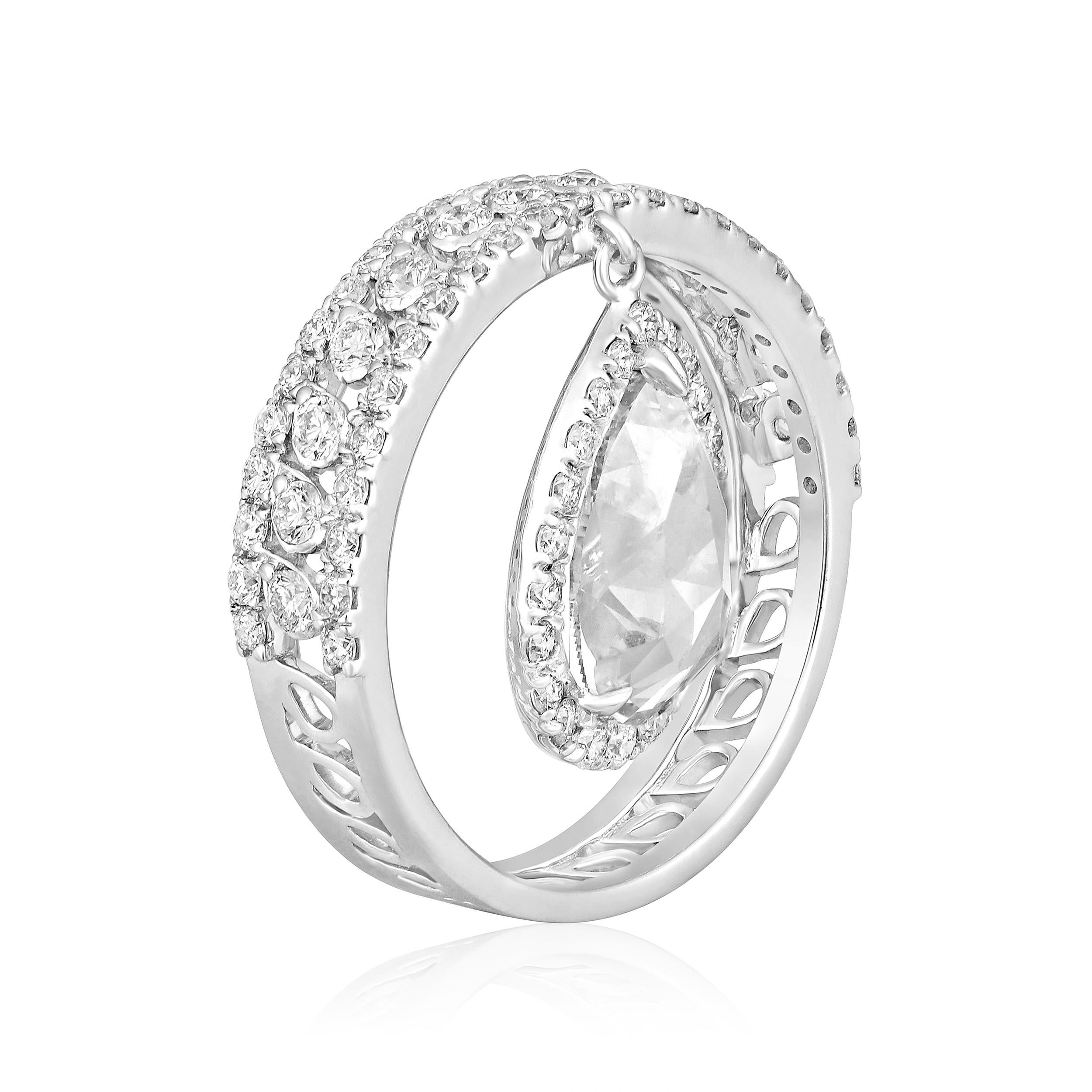 Crafted in 4.49 grams of 18K White Gold, the ring contains 81 stone of Round Lab Created Diamond with a total of 0.86 carat in D-F color and VVS-VS clarity combined with 1 stones of Rose Cut Pear Side Lab Created Diamonds with a total of 2.01 carat