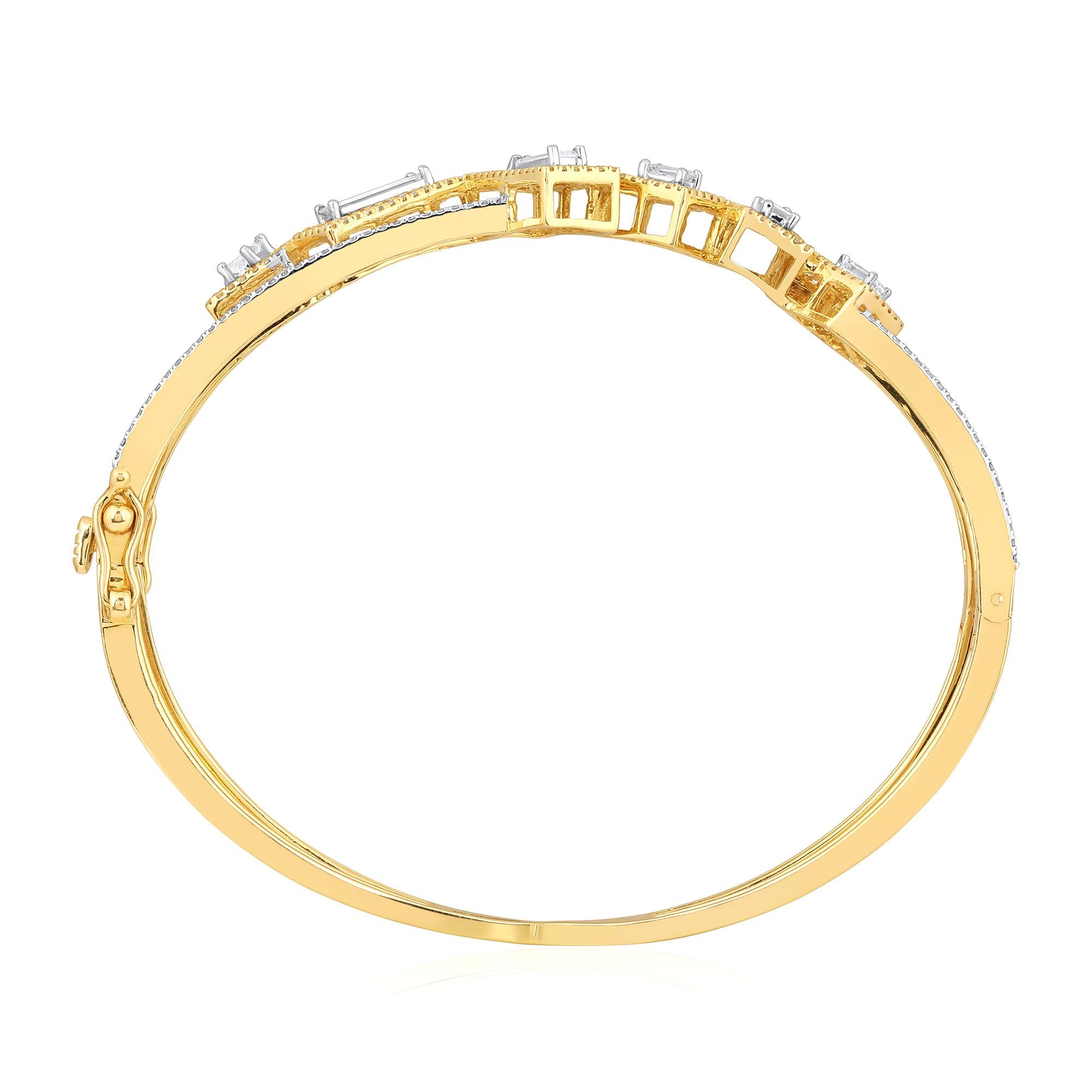 Crafted in 21.51 grams of 14-karat Yellow Gold, The Cosimo Bangle Bracelet contains 311 Stones of Round Diamonds with a total of 1.14-Carats in F-G Color and VVS-VS Clarity combined with 6 Stones of Baguette Diamonds with a total of 0.89-Carats in
