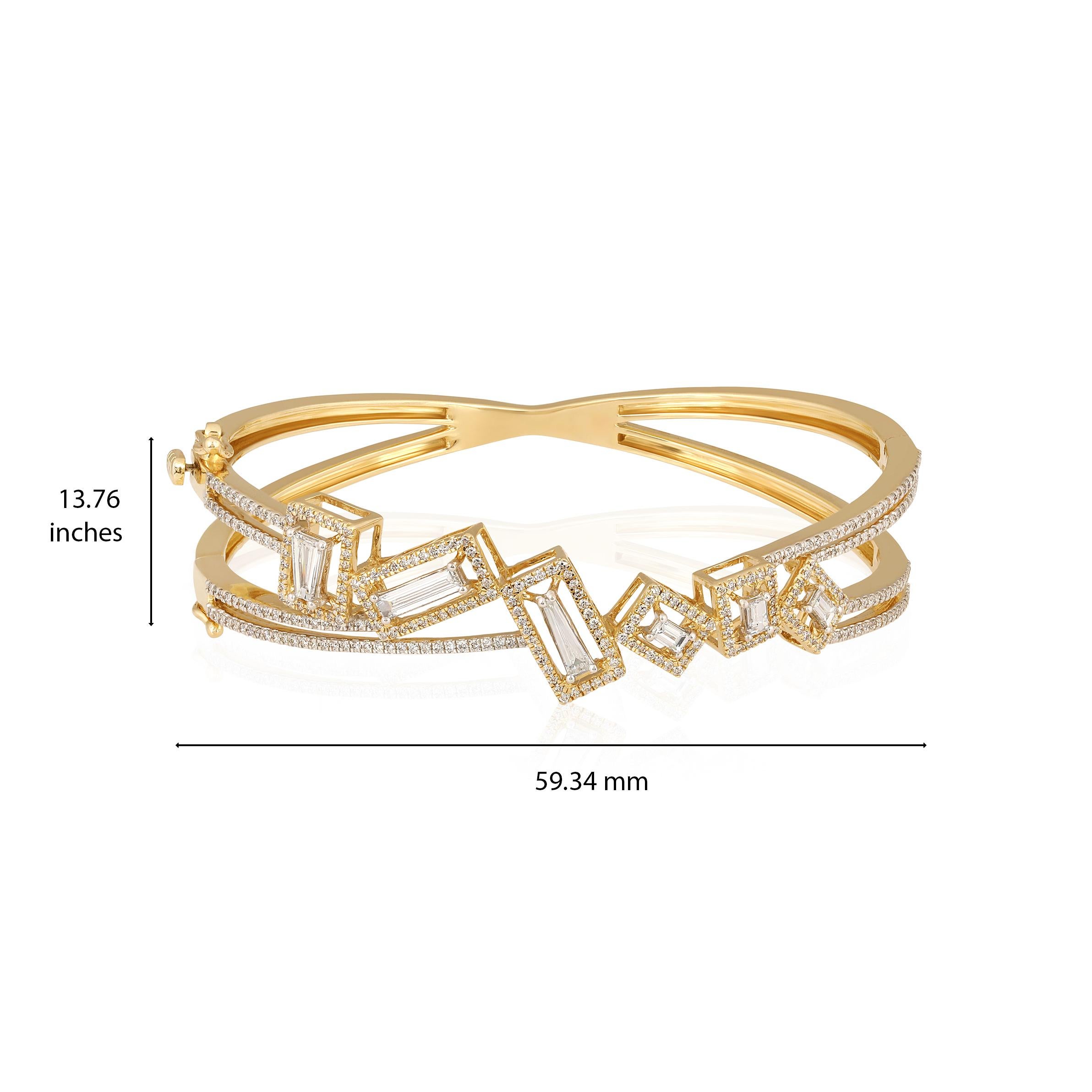 Contemporary GLEAMIRE 2ct Natural Diamond Baguette F-VVS 14K Gold Designer Bangle Bracelet For Sale