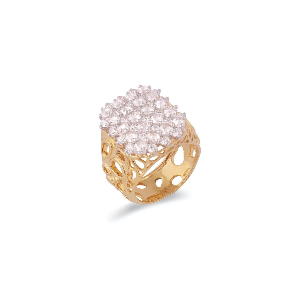 Crafted in 14.50 grams of 18-karat Yellow Gold, The Bondoc Statement Ring contains 20 Stones of Round Diamonds with a total of 2.60-Carats in F-G Color and VVS-VS Clarity combined with 26 Stones of Rose-Cut Diamonds with a total of 3.0-Carats in F-G