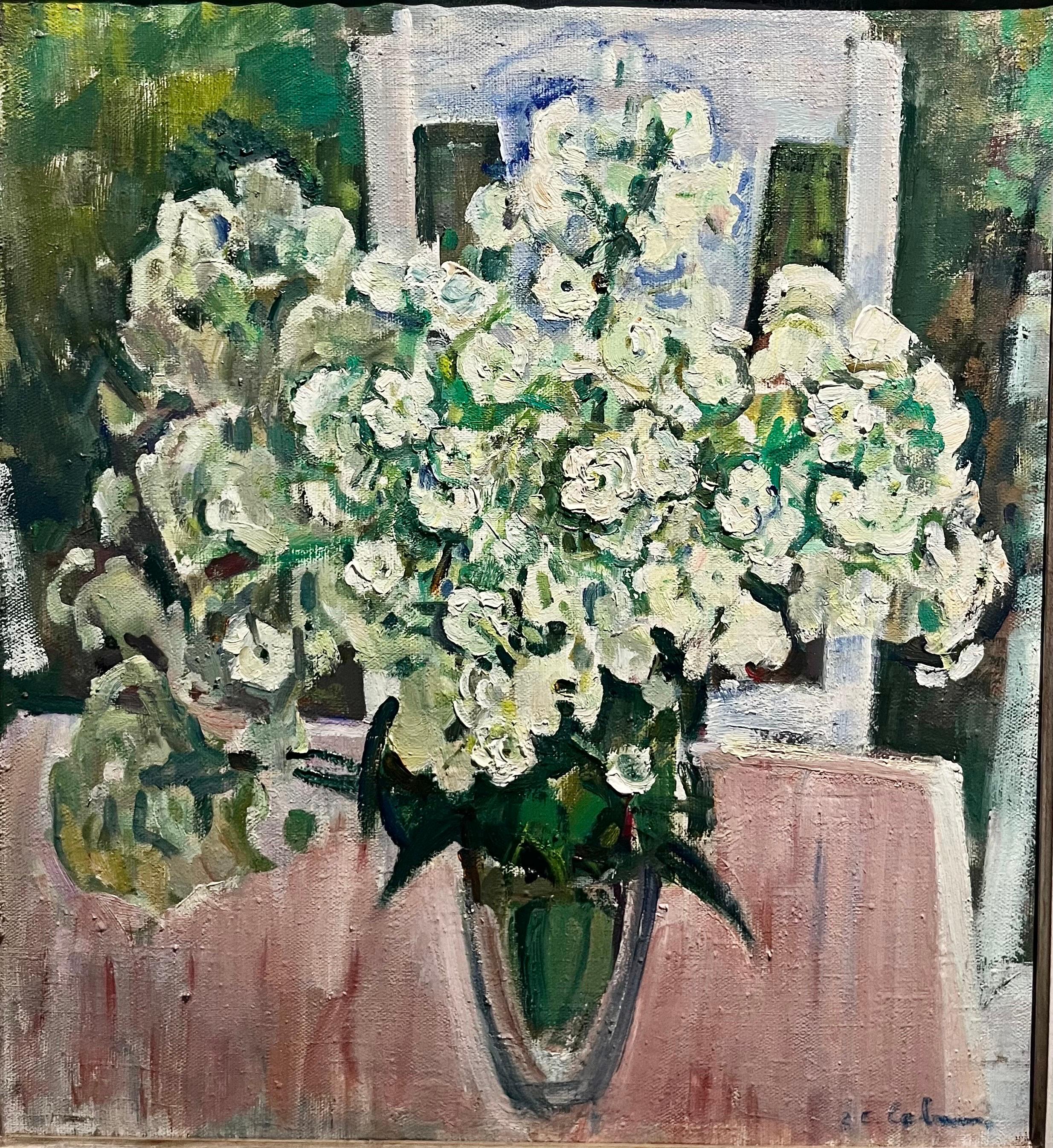 Gleb Savinov Still-Life Painting - " White Flowers " Oil on canvas  cm. 54 x 49 1990  white, pink , green 