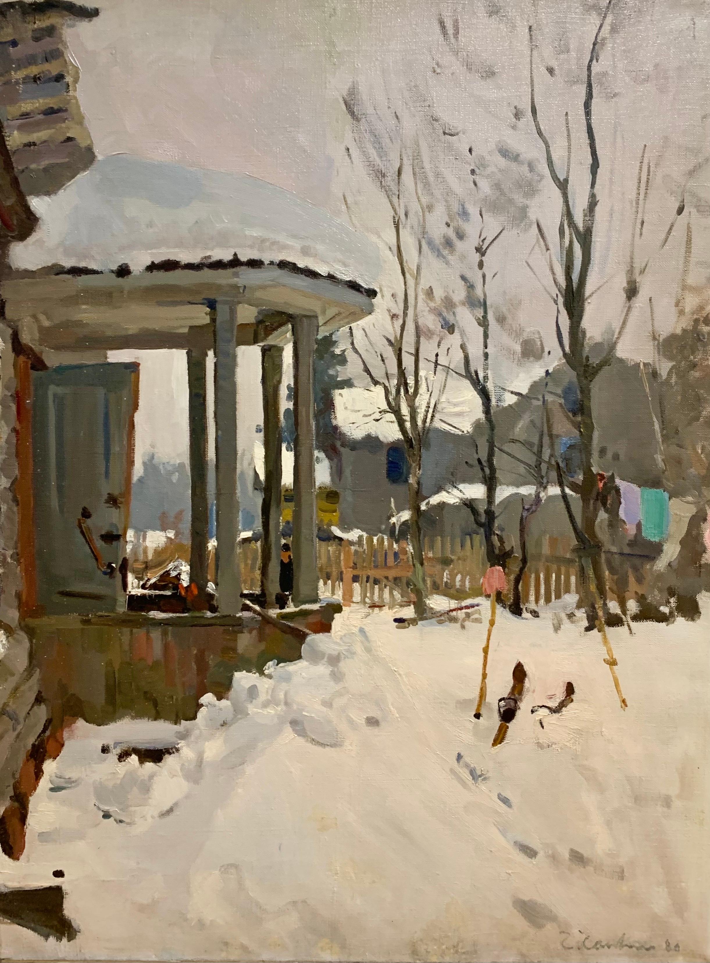 Dacha in Winter, Öl, cm. 61 x 80 1980, Skiern, Dacha  weiß  Schnee – Painting von Gleb Savinov