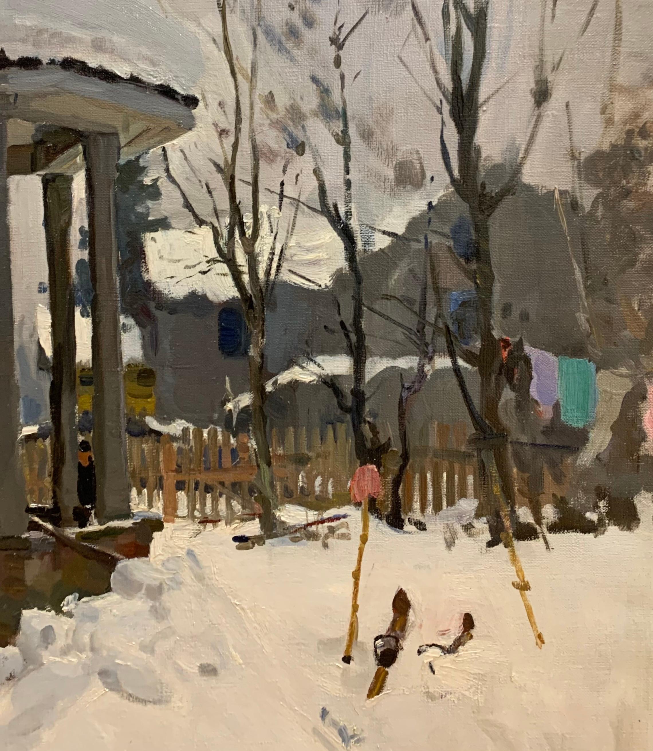 Dacha in Winter, Öl, cm. 61 x 80 1980, Skiern, Dacha  weiß  Schnee (Impressionismus), Painting, von Gleb Savinov