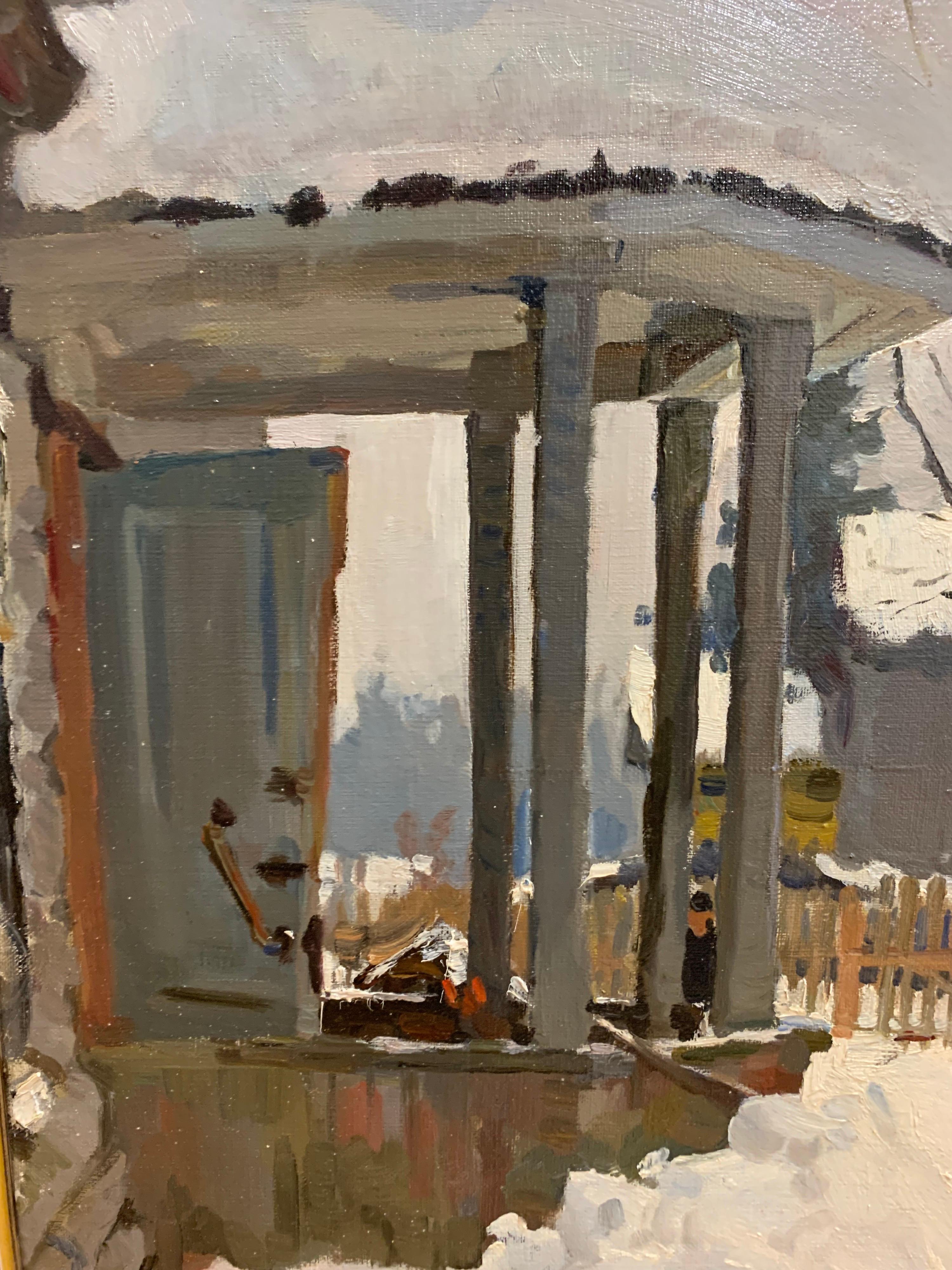 Dacha in Winter, Öl, cm. 61 x 80 1980, Skiern, Dacha  weiß  Schnee (Schwarz), Figurative Painting, von Gleb Savinov