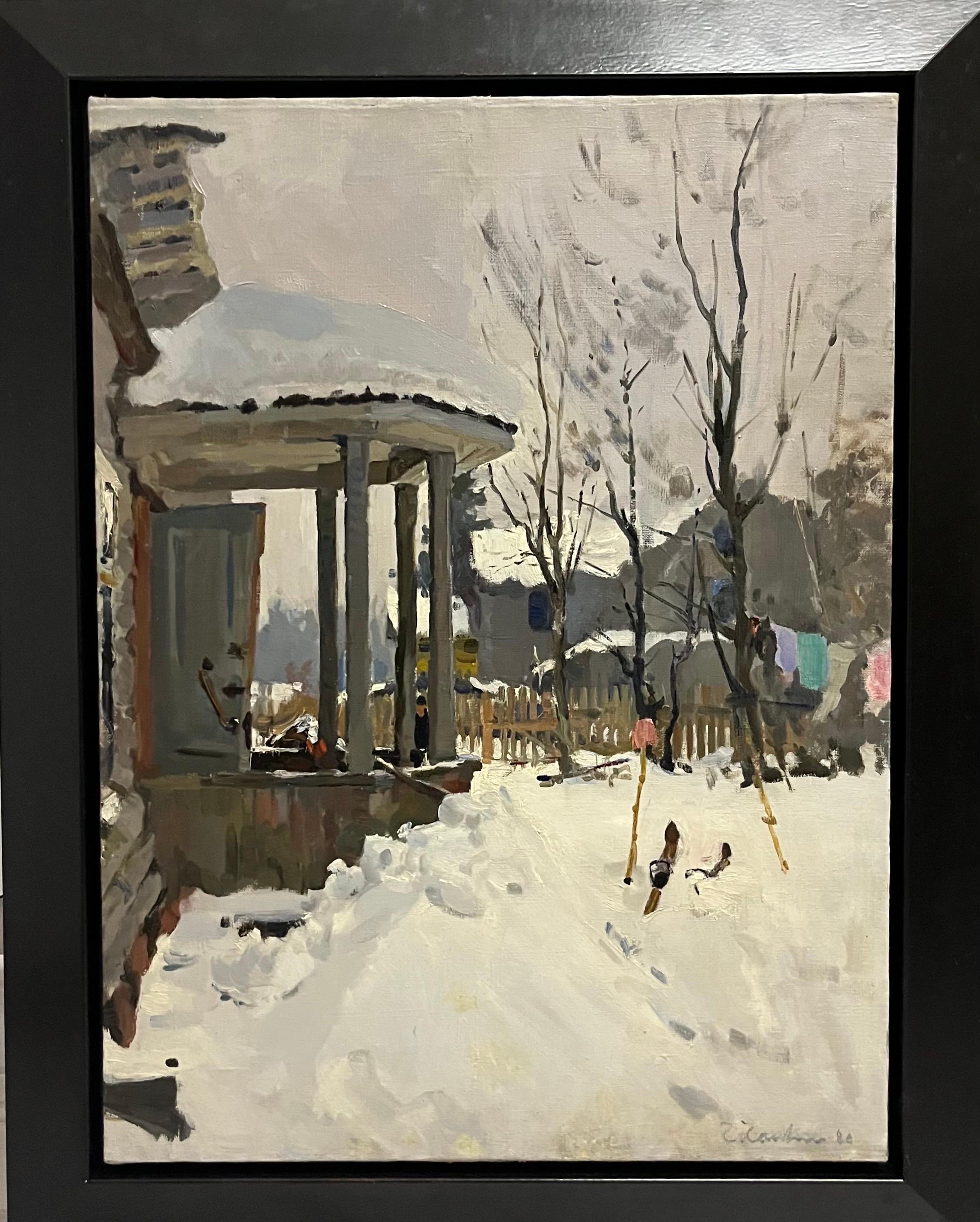 Gleb Savinov Figurative Painting – Dacha in Winter, Öl, cm. 61 x 80 1980, Skiern, Dacha  weiß  Schnee