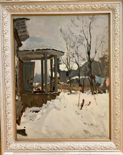 "Dacha in winter" oil cm. 61 x 80 1980 skis, white,russia