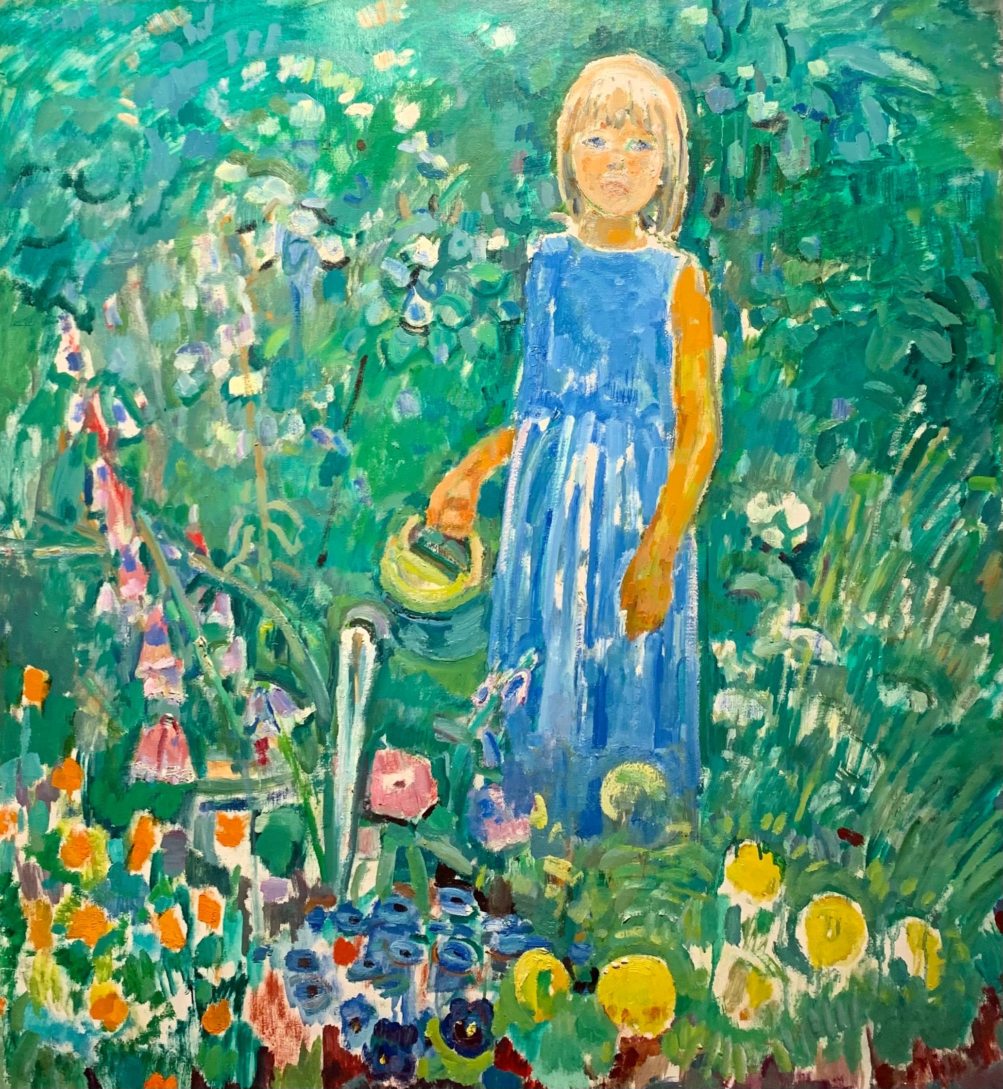 « Petite fille dans le jardin » Fleurs, jardin, enfants  80 x 90 cm - Painting de Gleb Savinov