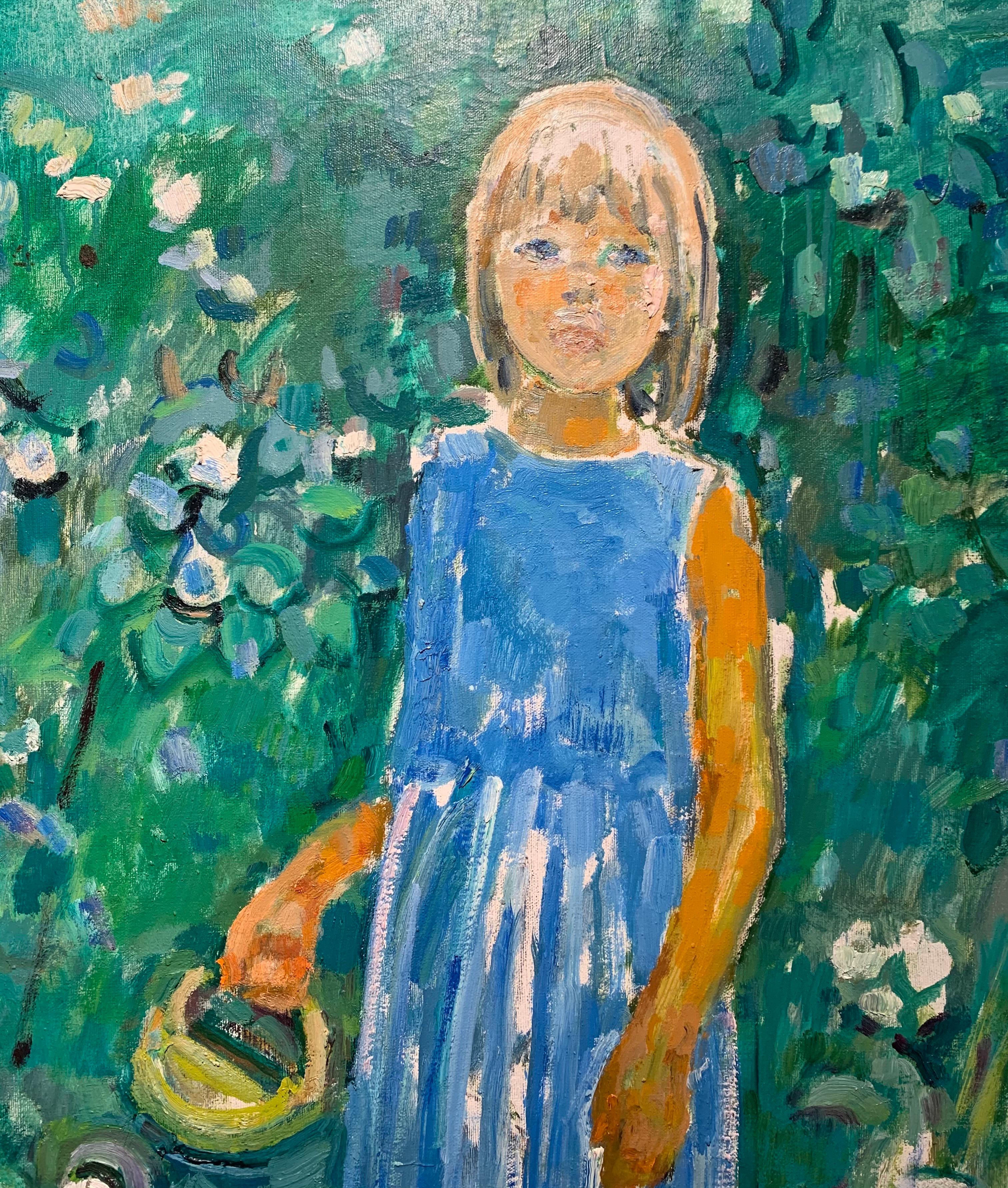 « Petite fille dans le jardin » Fleurs, jardin, enfants  80 x 90 cm - Impressionnisme Painting par Gleb Savinov