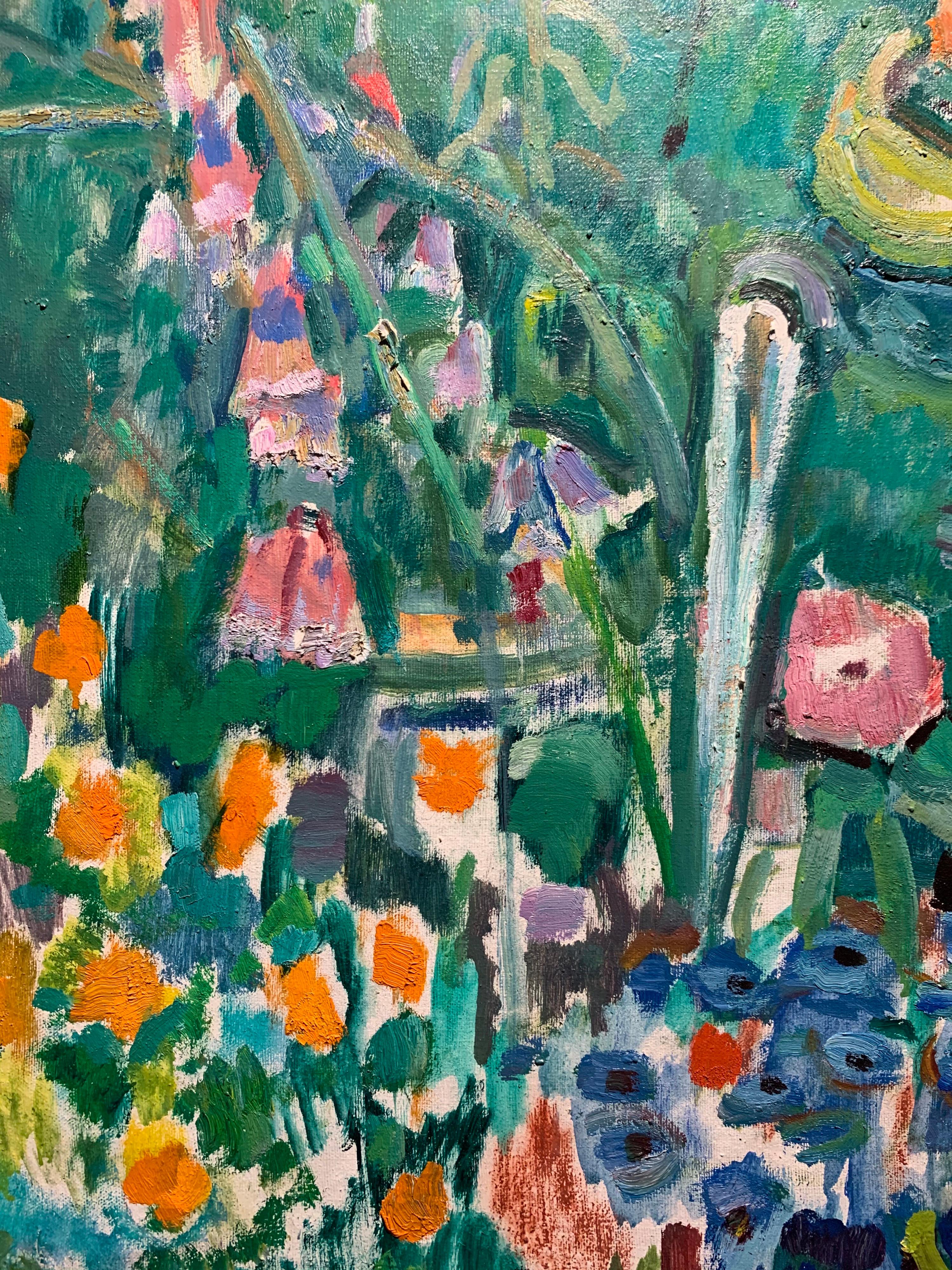 « Petite fille dans le jardin » Fleurs, jardin, enfants  80 x 90 cm en vente 1