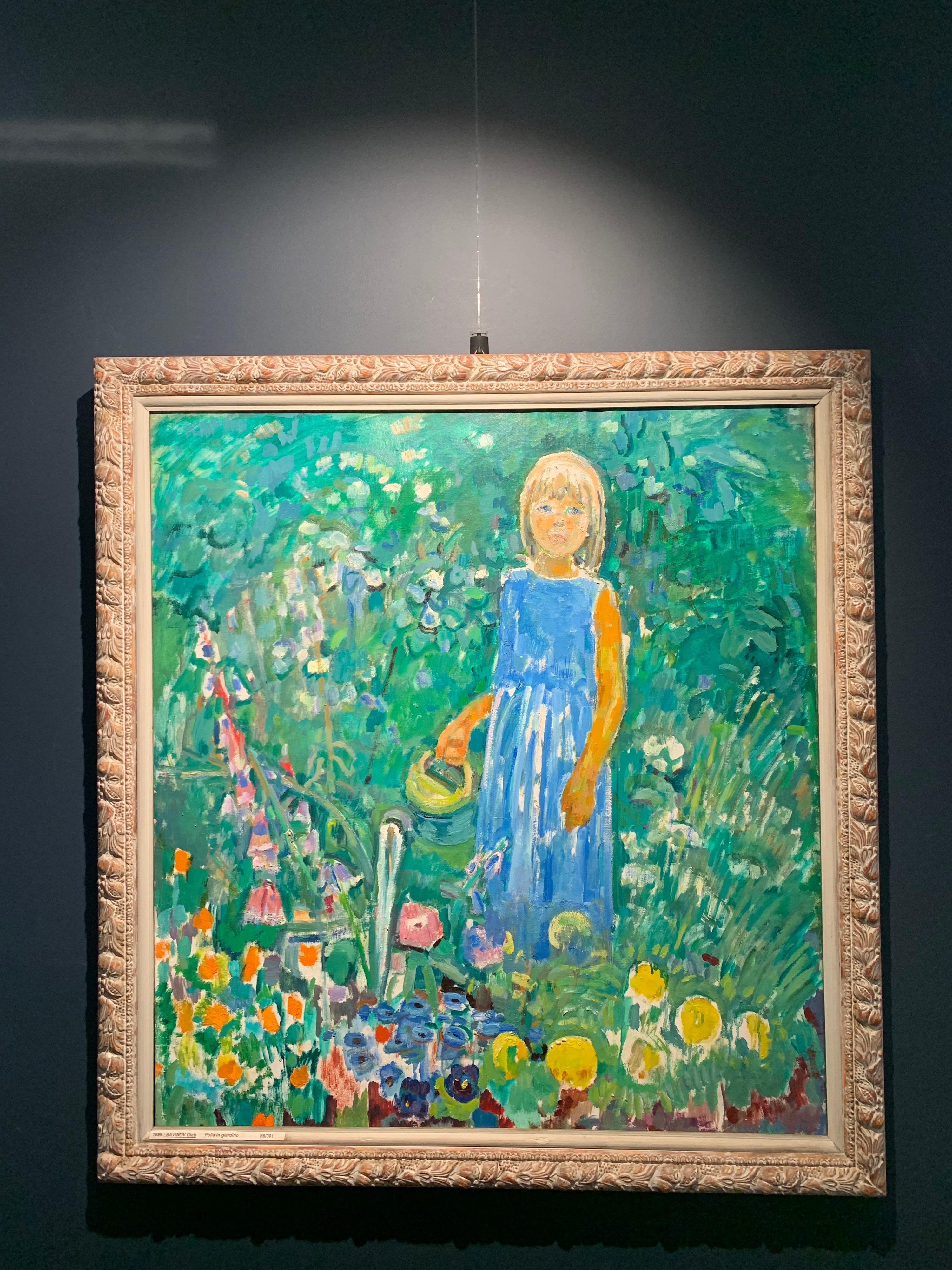 « Petite fille dans le jardin » Fleurs, jardin, enfants  80 x 90 cm en vente 2