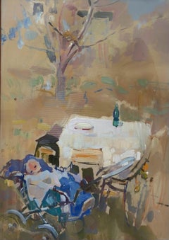 "Neugeborenes im Garten" Kind, Garten Öl cm.34 x 49 1974