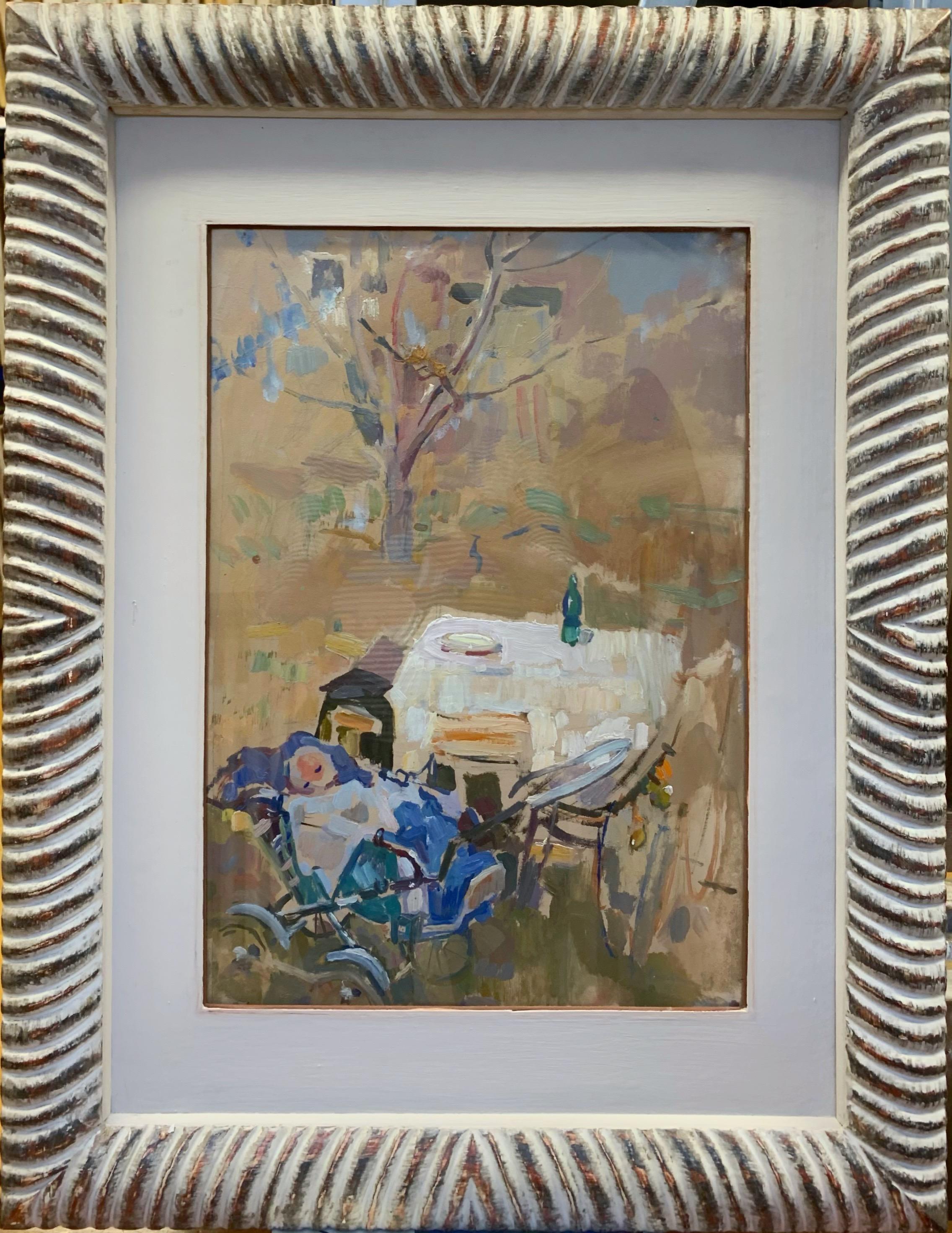 Figurative Painting di Gleb Savinov - "Neonato in giardino" Bambino, giardino Olio cm.34 x 49 1974