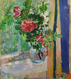 "Pink Wild Roses on the windowsill"Oil cm 55 x 50 1994