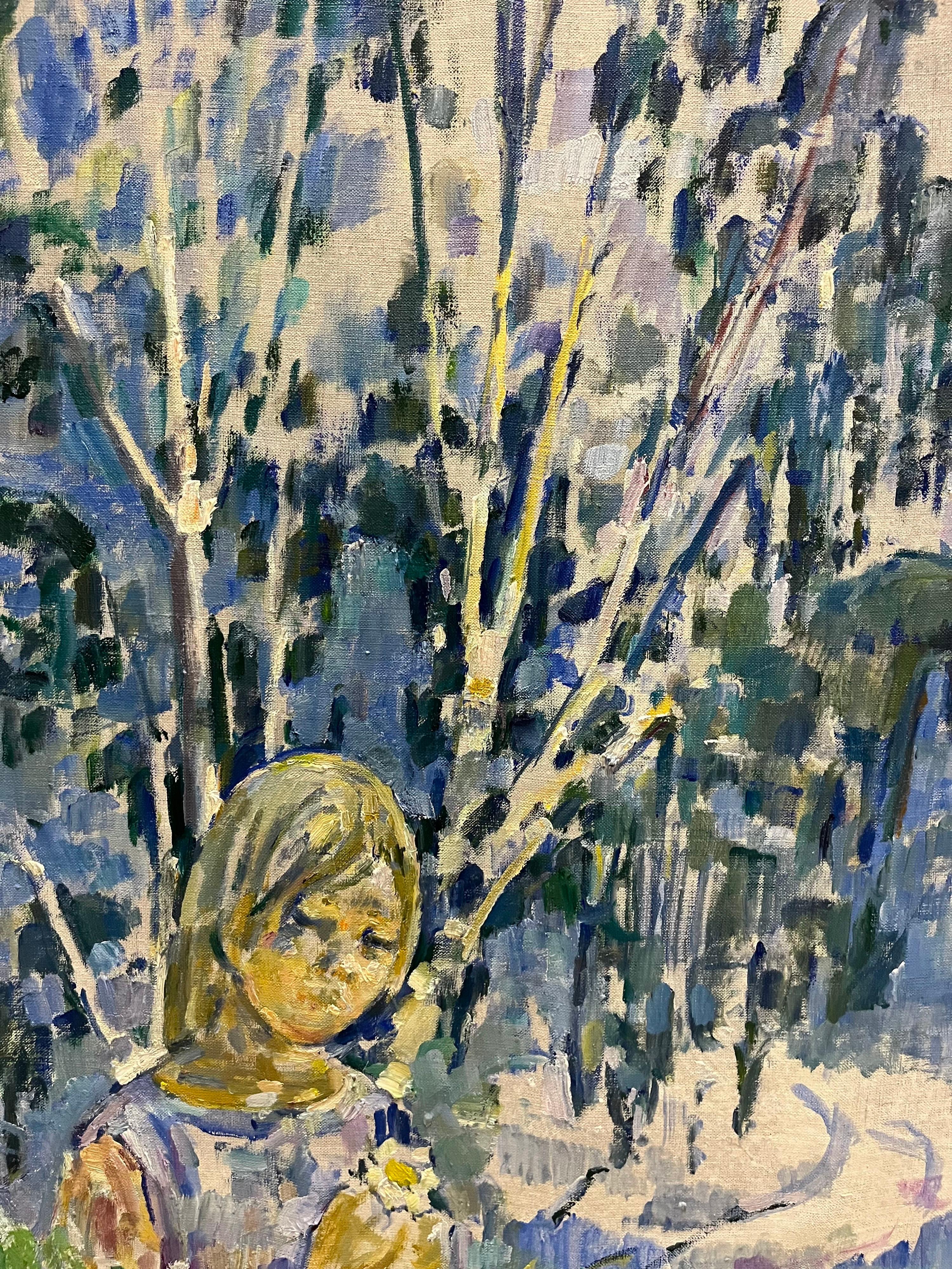« Polja »  Jeune fille, bleu, bleu clair, printemps, enfant    olivier   60 x 80 cm  - Impressionnisme Painting par Gleb Savinov