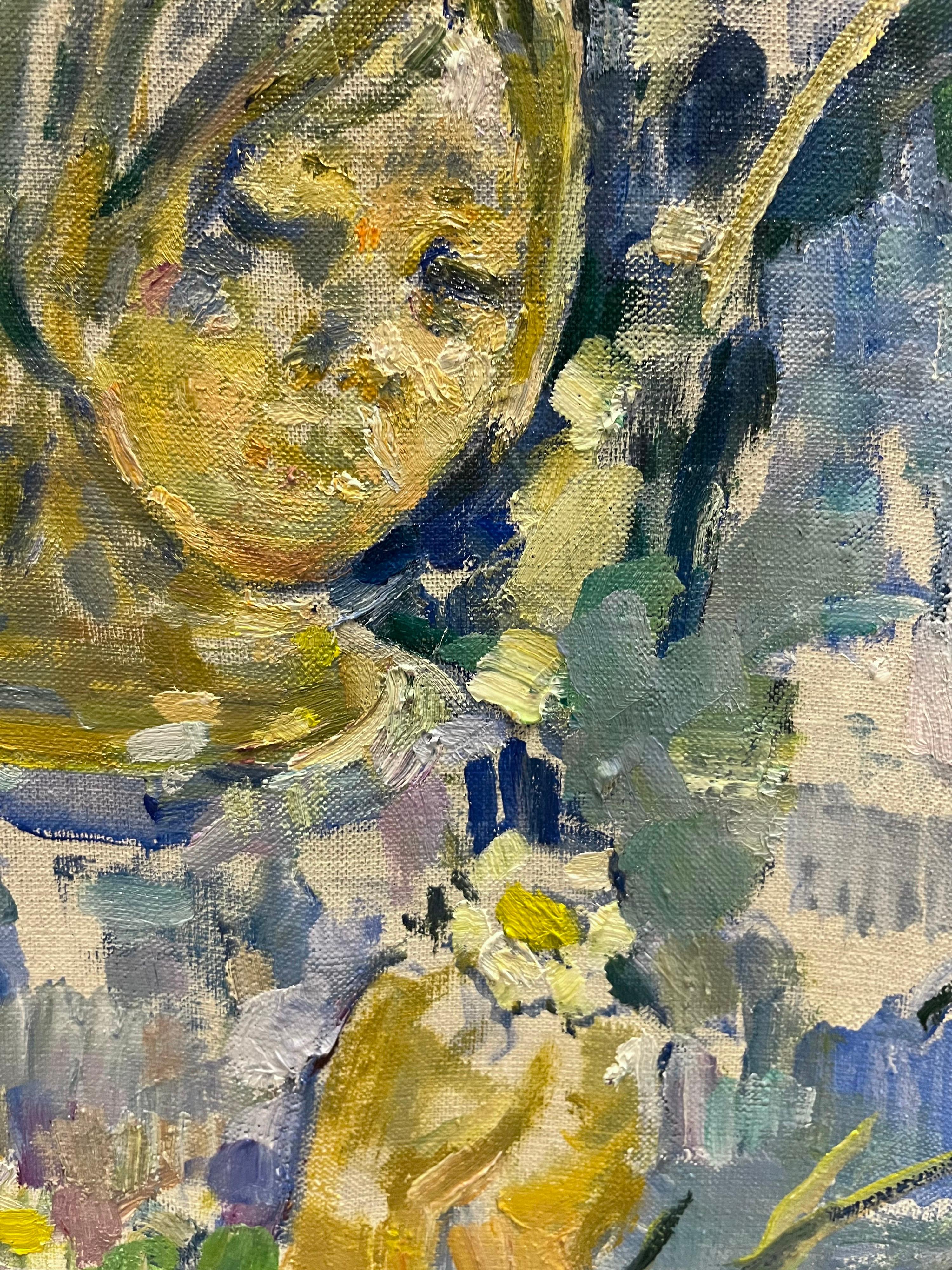 « Polja »  Jeune fille, bleu, bleu clair, printemps, enfant    olivier   60 x 80 cm  - Gris Figurative Painting par Gleb Savinov