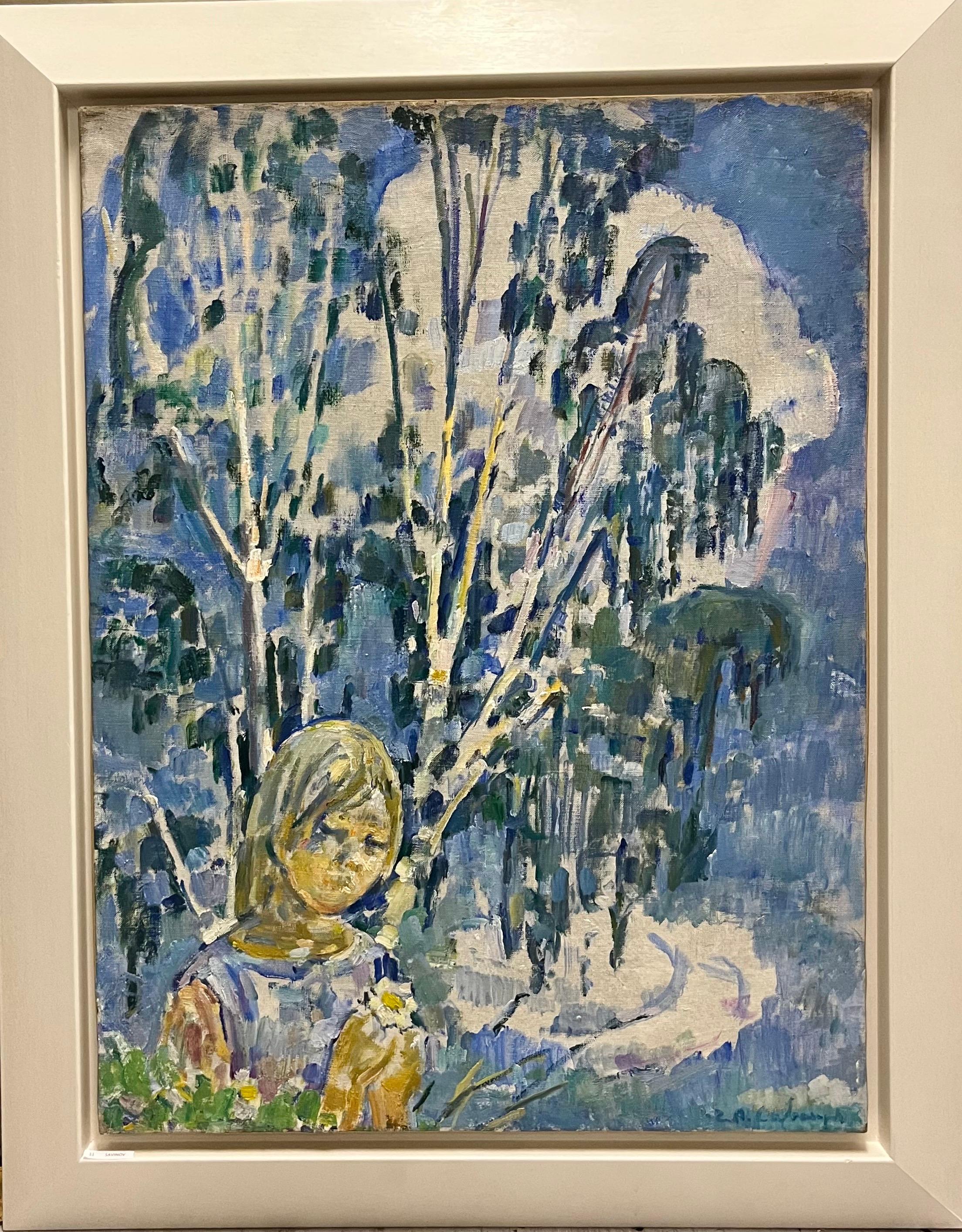 Figurative Painting Gleb Savinov - « Polja »  Jeune fille, bleu, bleu clair, printemps, enfant    olivier   60 x 80 cm 