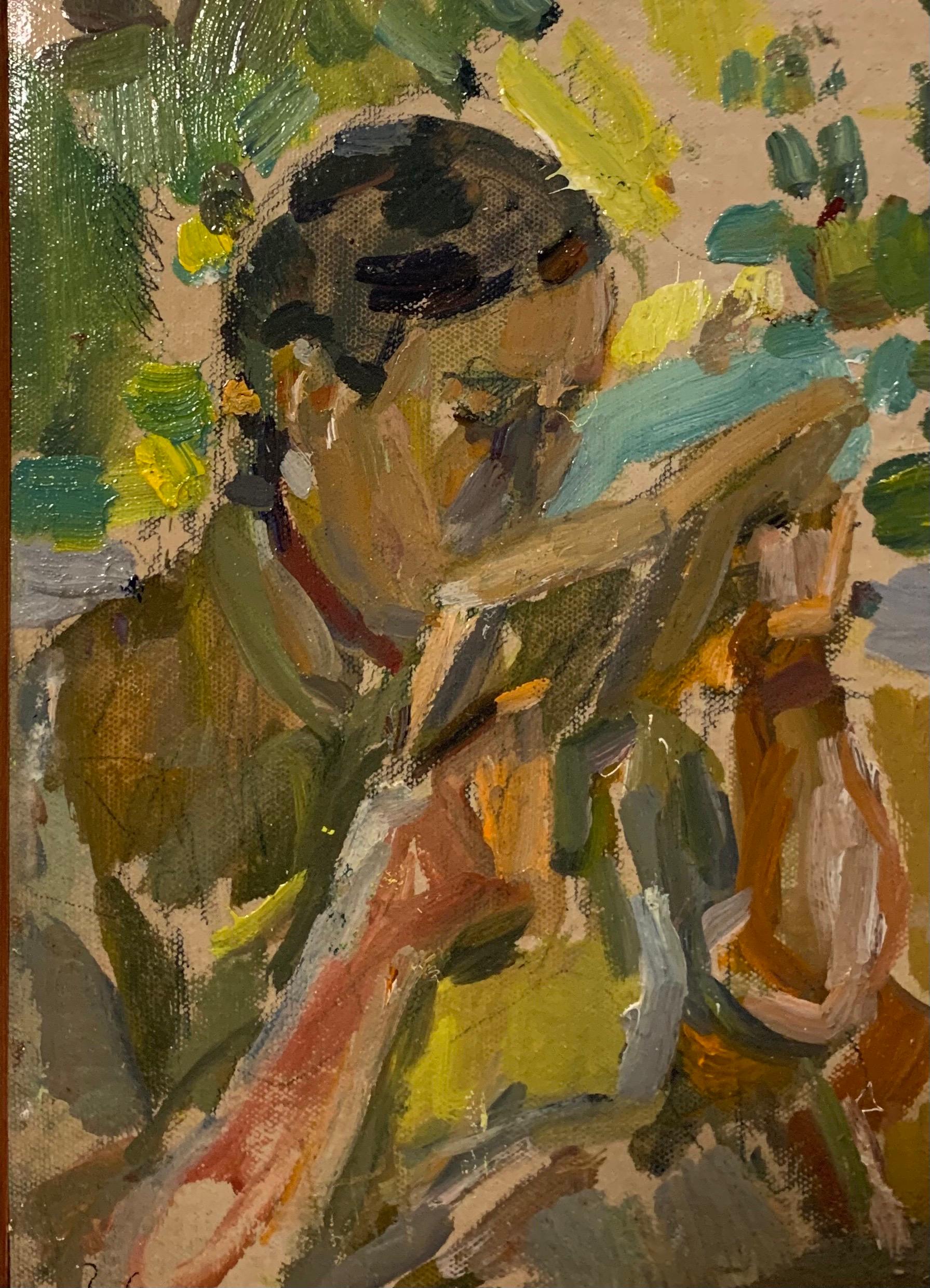Livre « Reading », lecture, art russe à l'huile cm. 18 x 25 1972 - Painting de Gleb Savinov