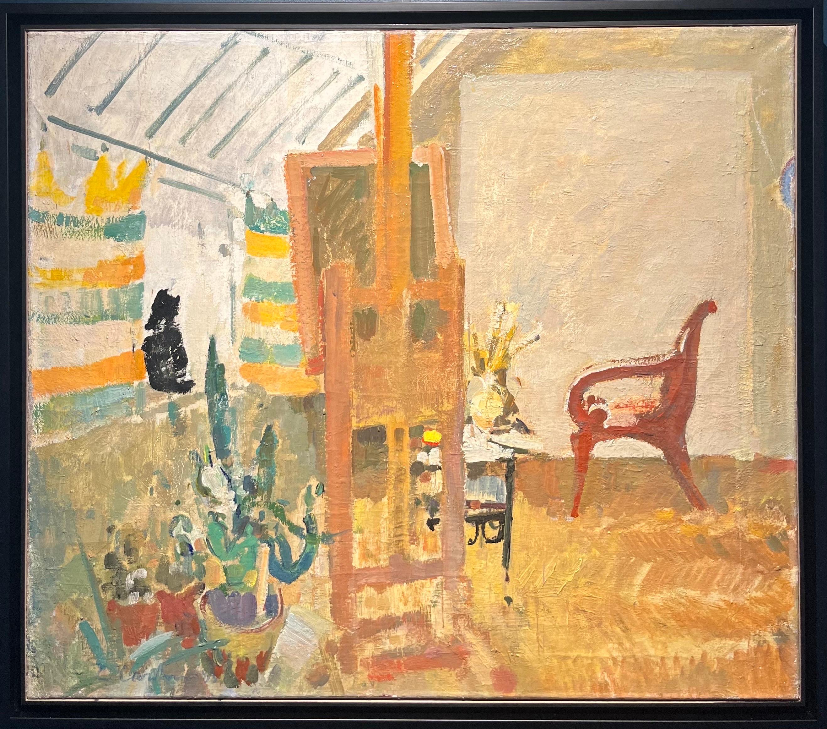 Gleb Savinov Animal Painting - "Studio interior with black cat" Oil cm. 76 x 66 1983 Oil