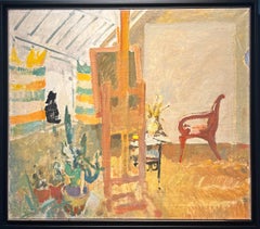 Vintage "Studio interior with black cat" Oil cm. 76 x 66 1983 Oil
