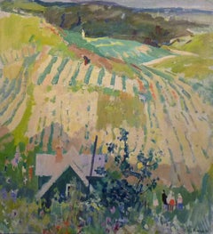 "Village near St. Petersburg" cm. 66 x 71 Oil 1959 Countryside, Party, Summer