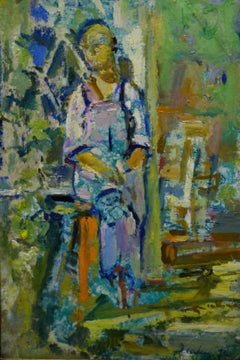 „Frau auf der Veranda, Sommer“  Russisch, impressionistisch, Öl, cm. 19 x 29 19