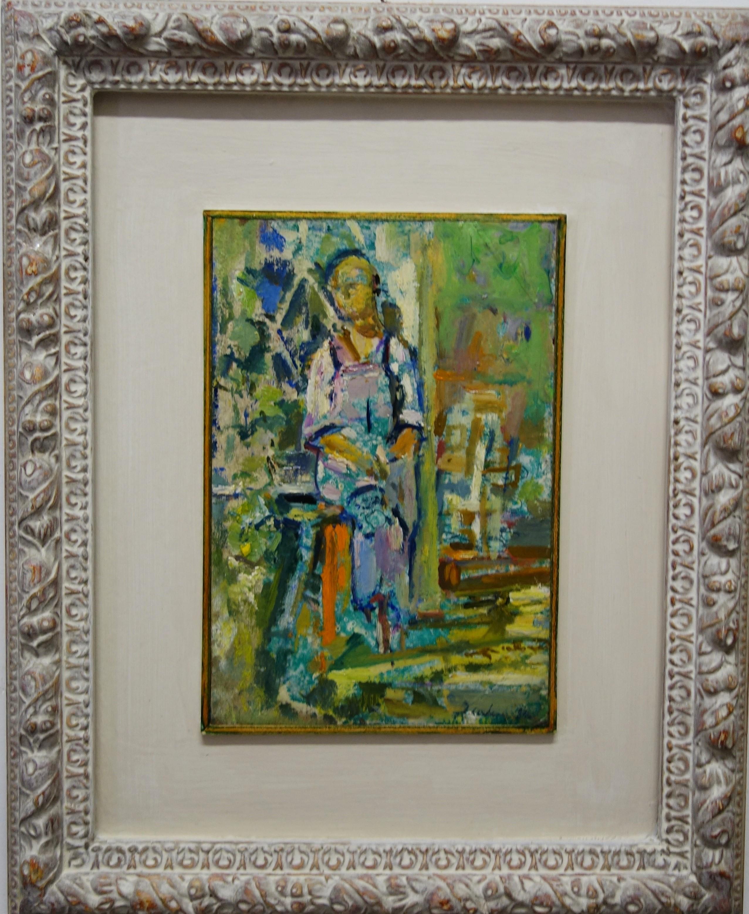Gleb Savinov Figurative Painting - "Woman on the veranda, summer"  Russian, Impressionist, oil cm. 19 x 29 19