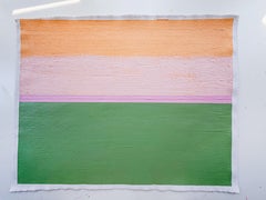 Soft Horizon, pittura astratta contemporanea di paesaggio in verde e rosa pastello